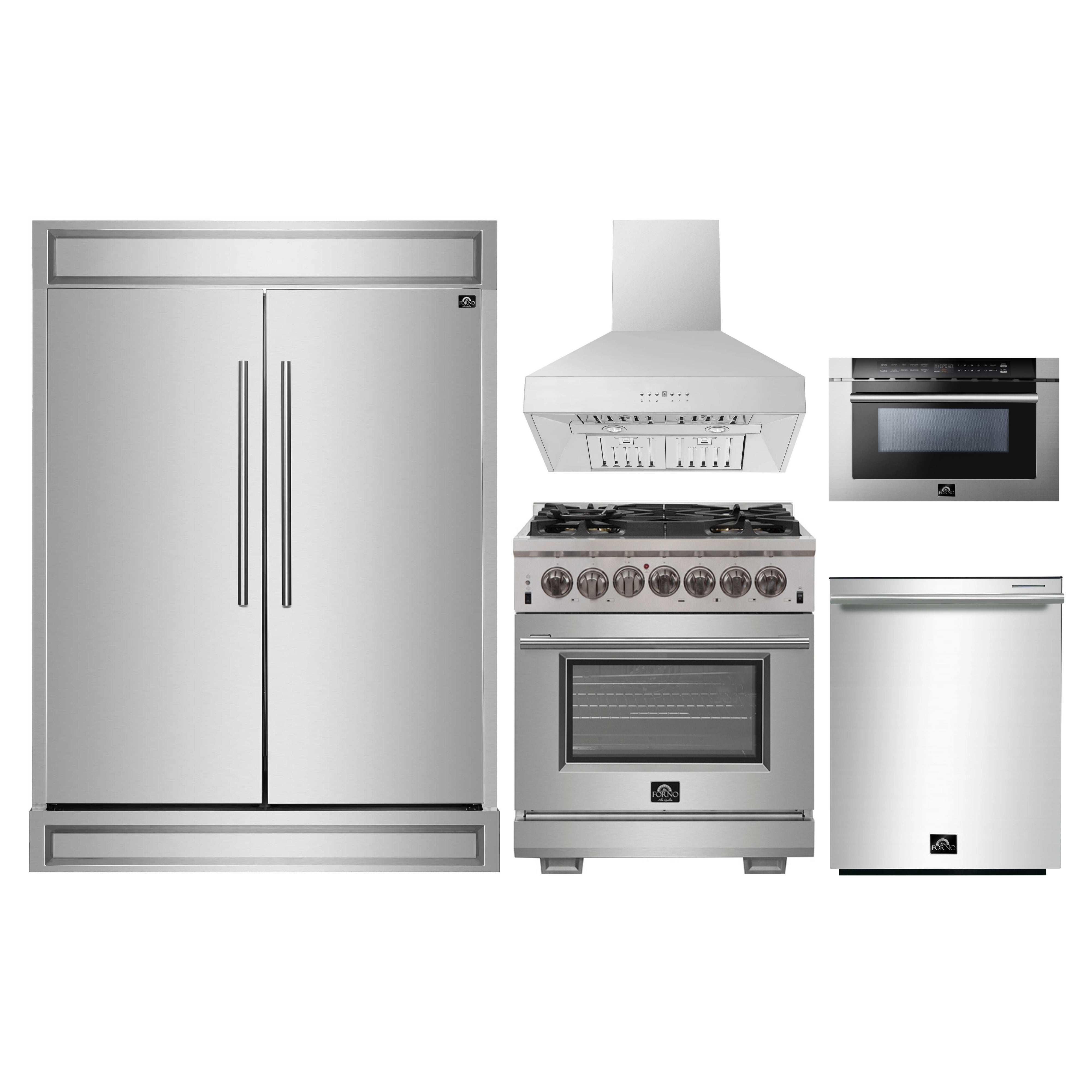 Stainless steel kitchen appliance set: refrigerator, range, wall hood, and microwave