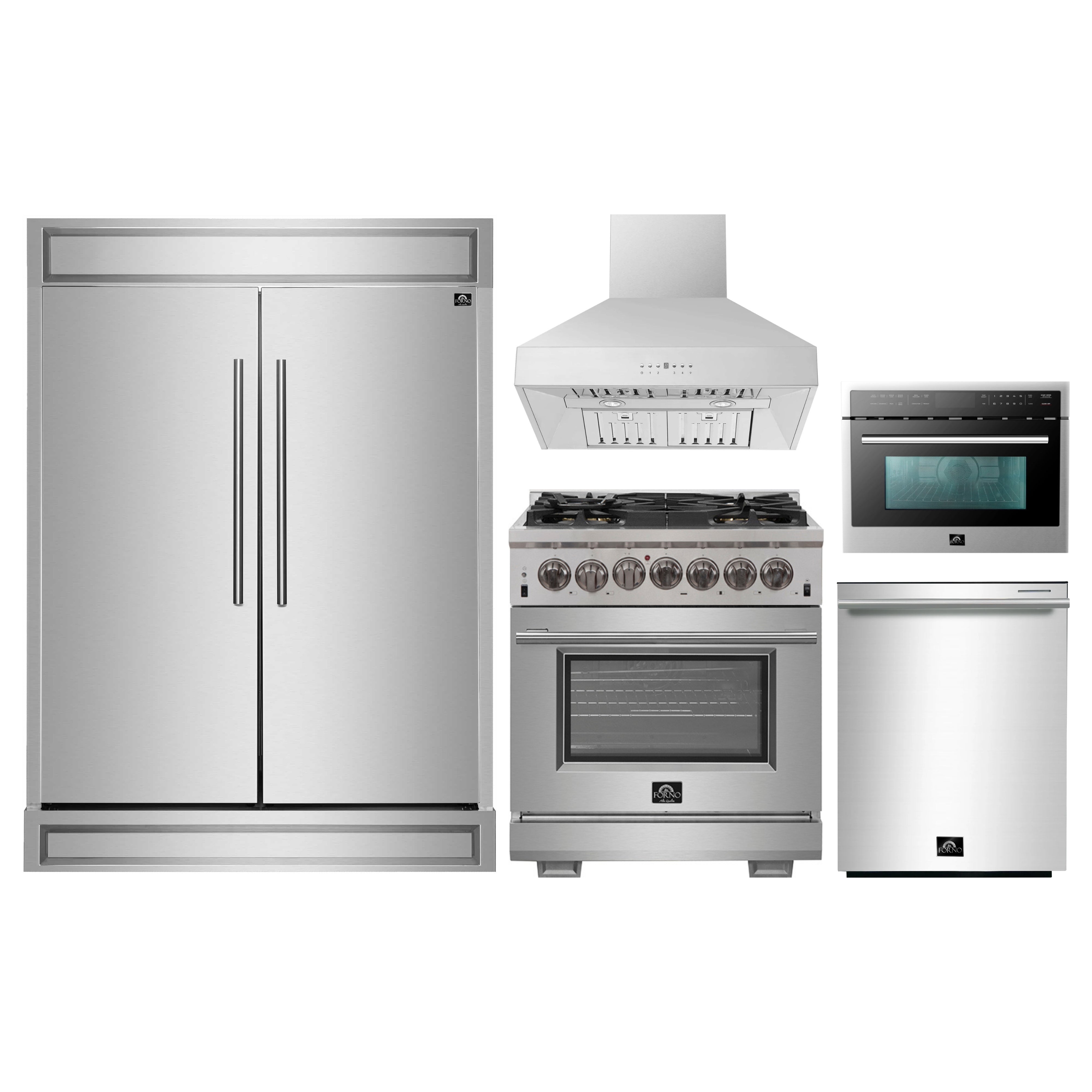 Stainless steel appliance package with refrigerator, range, hood, and microwave oven