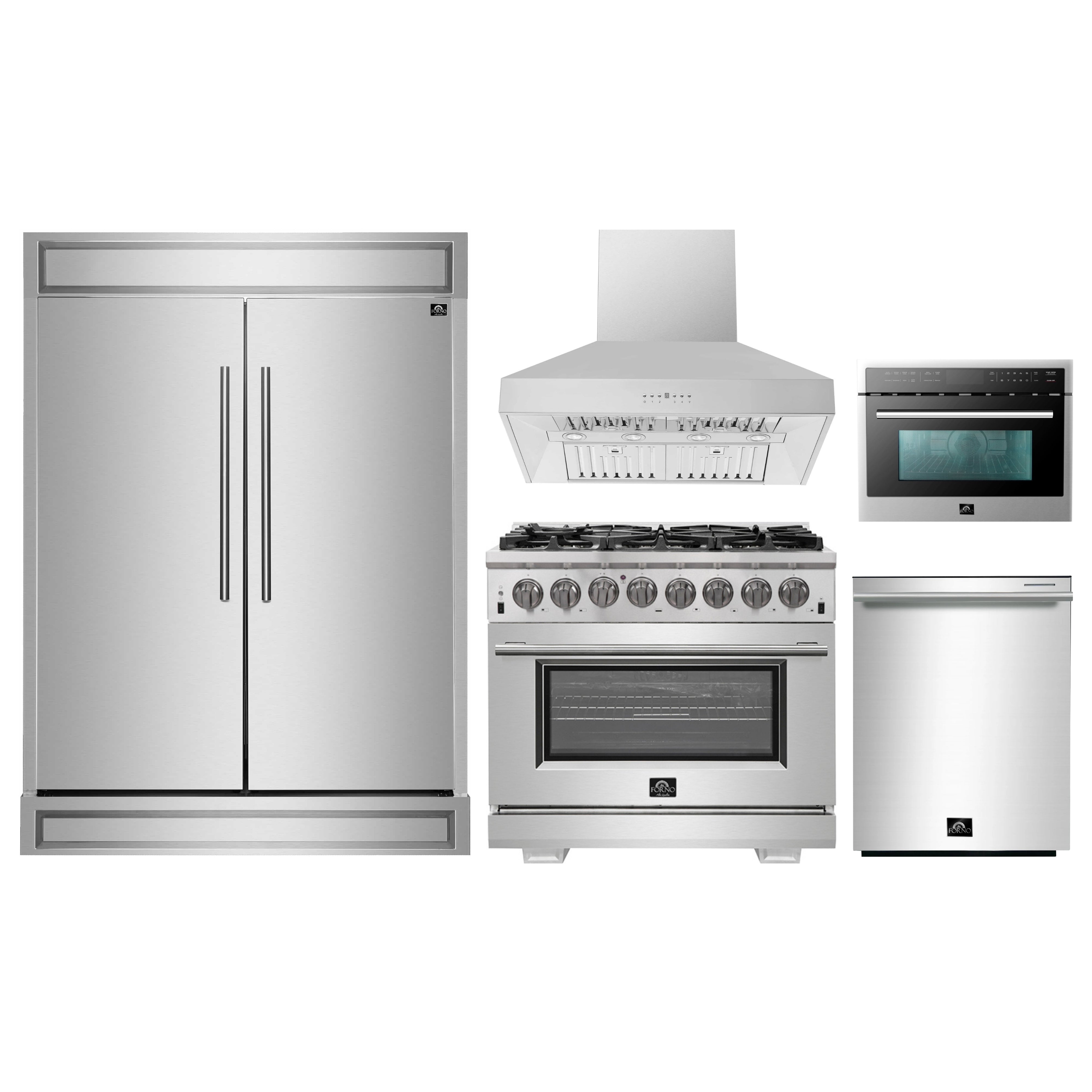Stainless steel appliance bundle: refrigerator, range, hood, microwave, dishwasher