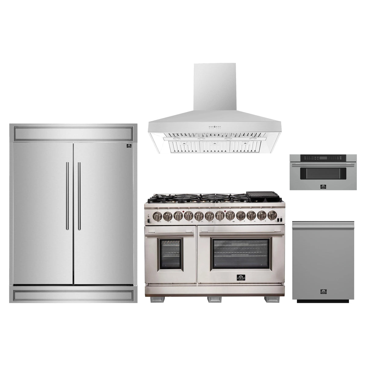 Forno 5-Piece Pro Appliance Package - 48-Inch Dual Fuel Range, 60-Inch Pro-Style Refrigerator, Wall Mount Hood, 30-Inch Microwave Drawer, & 3-Rack Dishwasher in Stainless Steel