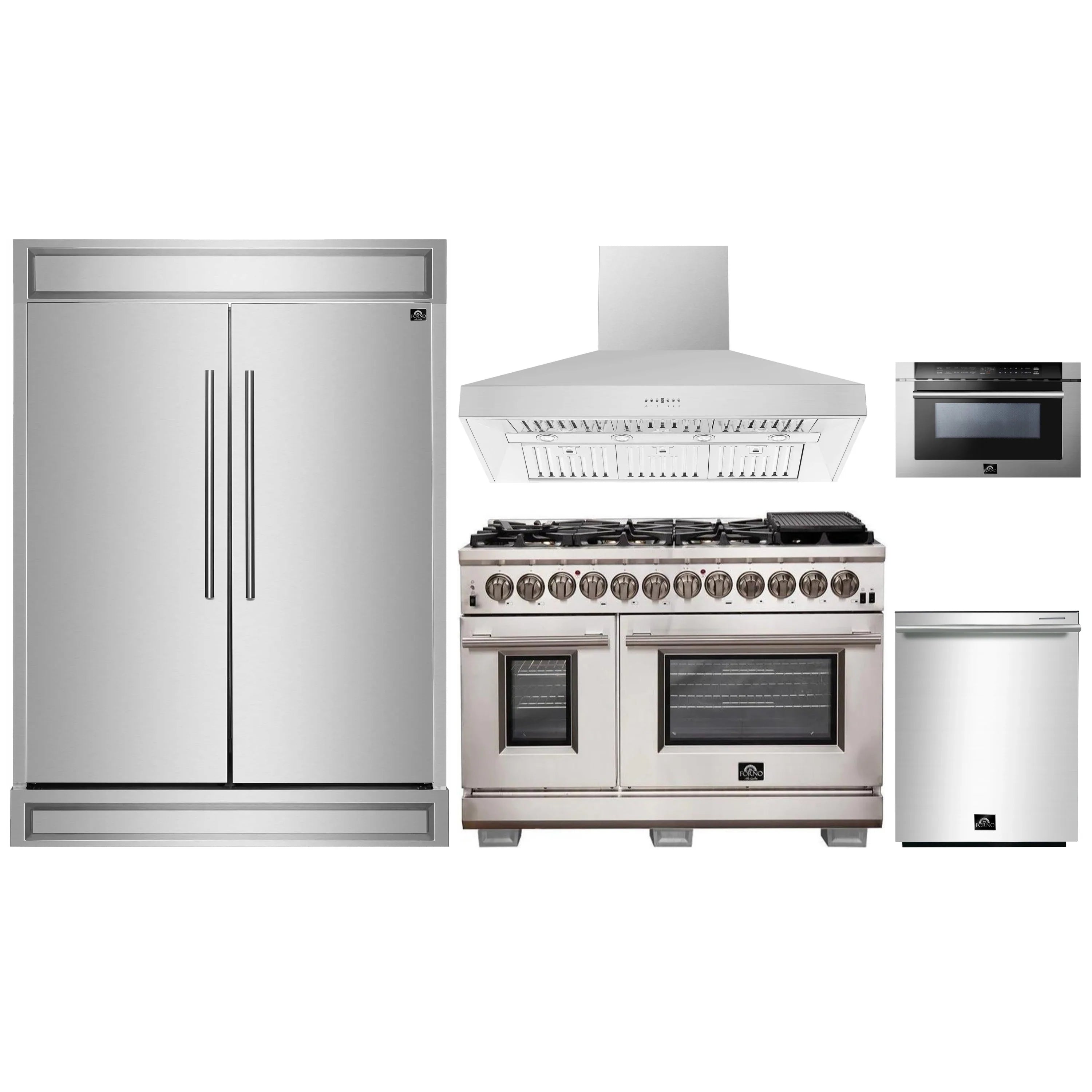 Stainless steel appliance package with refrigerator, dual fuel range, wall hood, and dishwasher