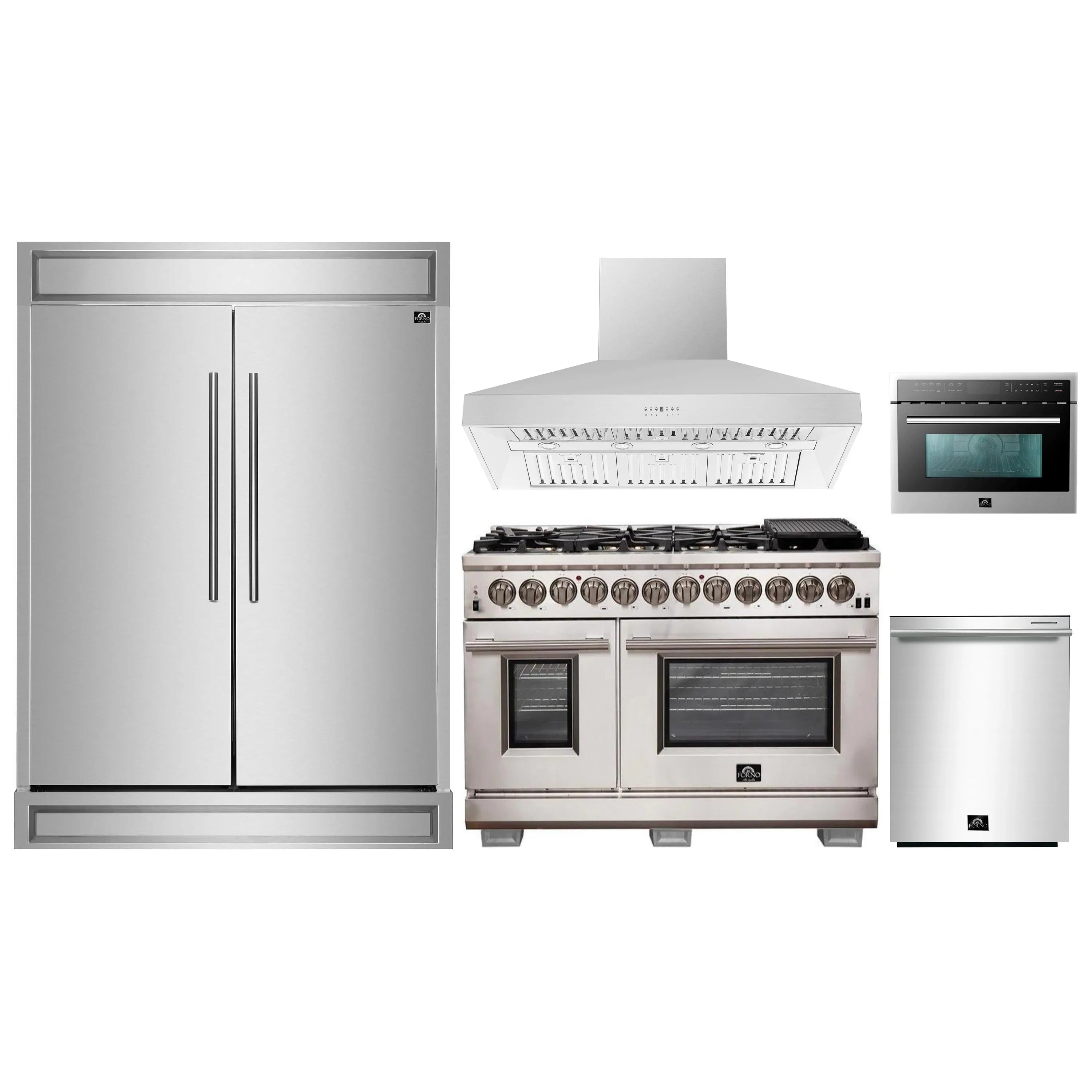 Stainless steel kitchen appliance bundle with refrigerator, range, hood, microwave, and dishwasher