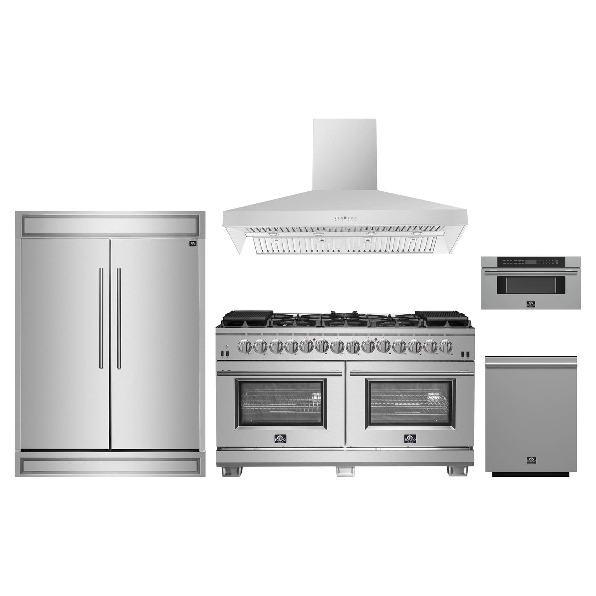 Forno 5-Piece Pro Appliance Package - 60-Inch Dual Fuel Range, 60-Inch Pro-Style Refrigerator, Wall Mount Hood, 30-Inch Microwave Drawer, & 3-Rack Dishwasher in Stainless Steel