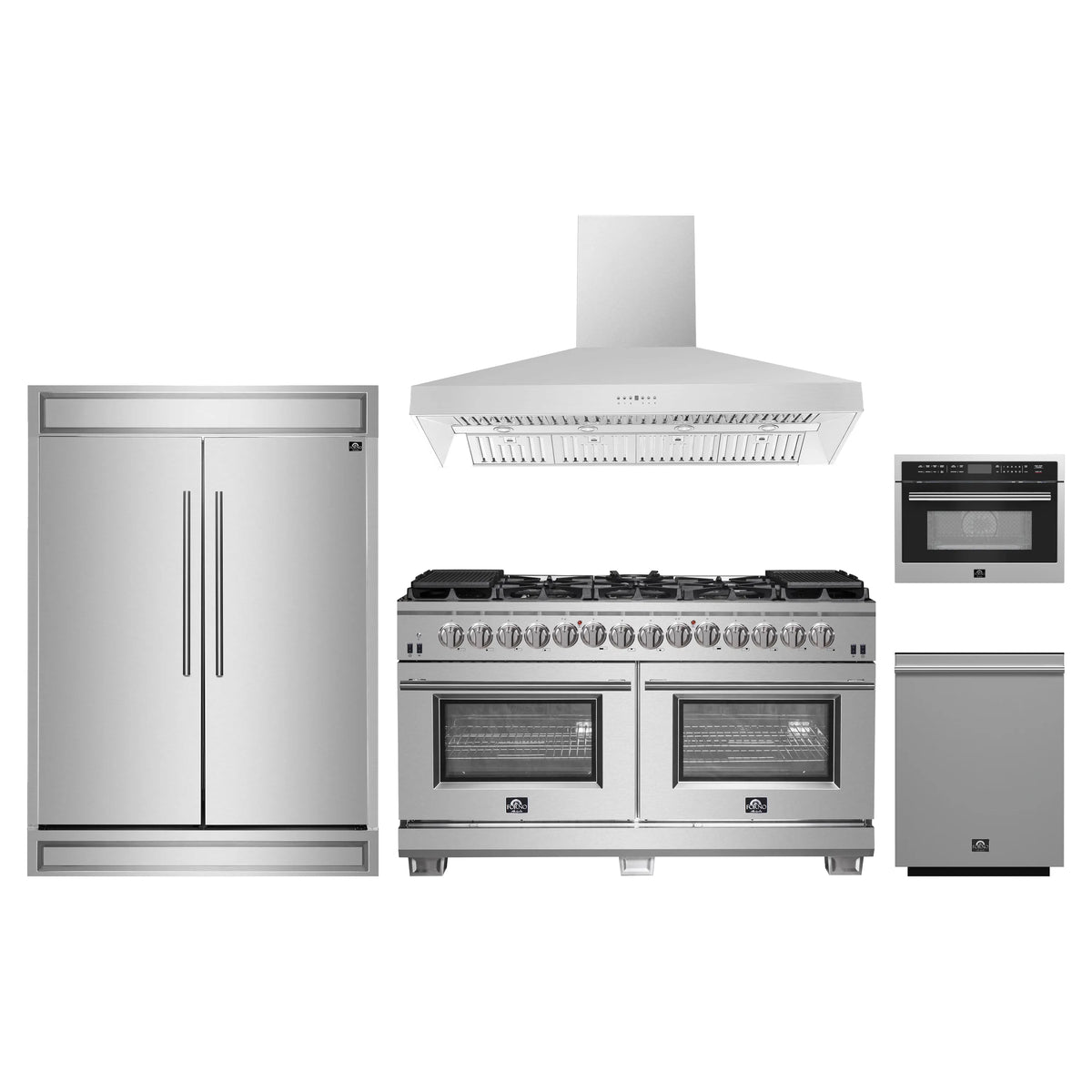Forno 5-Piece Pro Appliance Package - 60-Inch Dual Fuel Range, 60-Inch Pro-Style Refrigerator, Wall Mount Hood, 24-Inch Microwave Oven, & 3-Rack Dishwasher in Stainless Steel