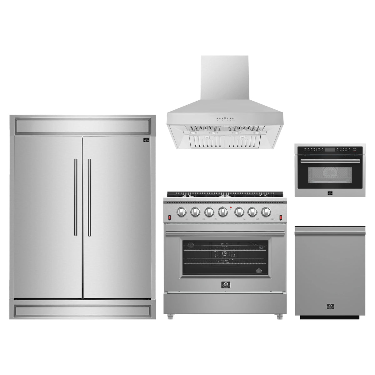 Forno 5-Piece Appliance Package - 36-Inch Gas Range, 60-Inch Pro-Style Refrigerator, Wall Mount Hood, 24-Inch Microwave Oven, & 3-Rack Dishwasher in Stainless Steel