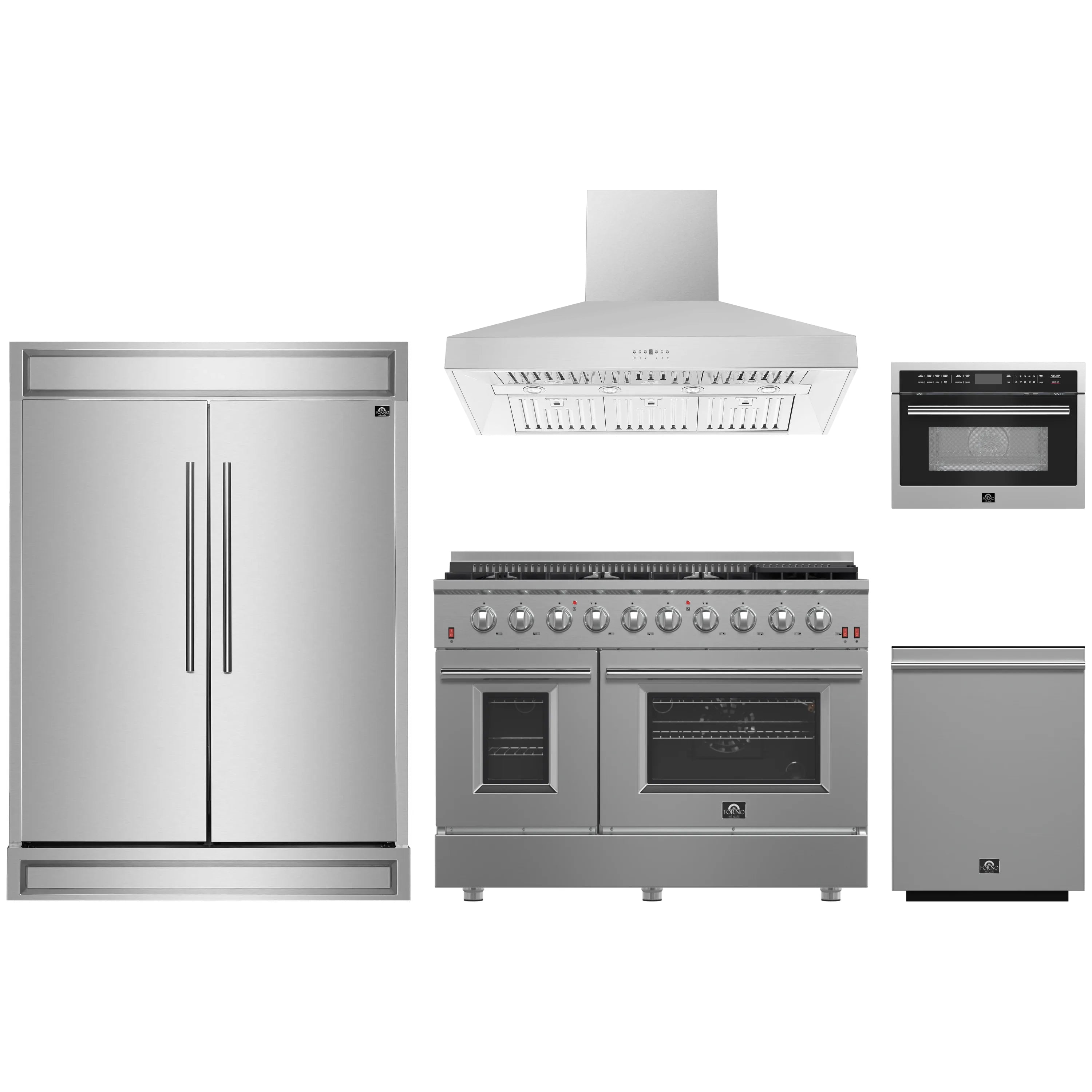 Forno 5-Piece Appliance Package - 48-Inch Gas Range, 60-Inch Pro-Style Refrigerator, Wall Mount Hood, 24-Inch Microwave Oven, & 3-Rack Dishwasher in Stainless Steel