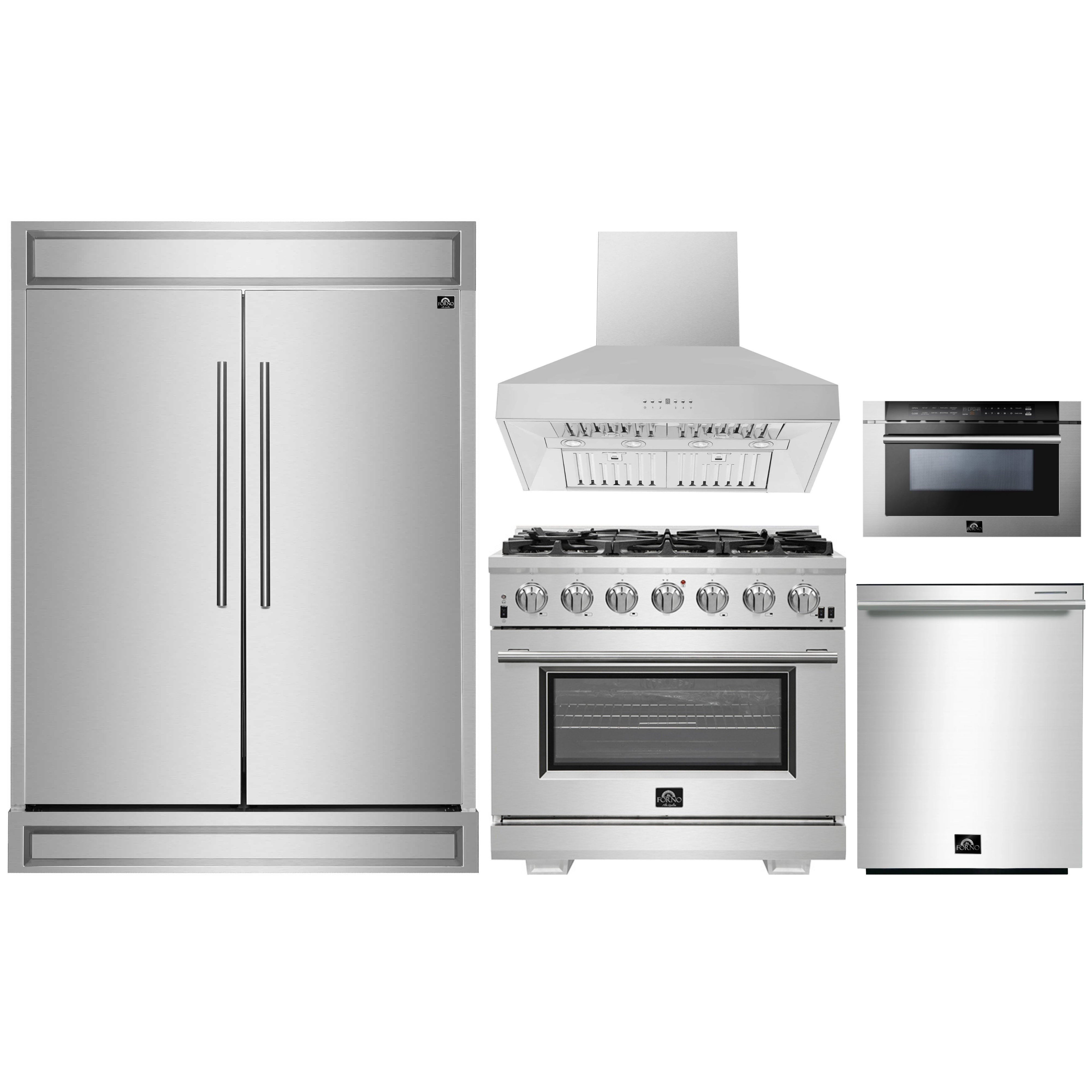 Stainless steel appliance set with fridge, range, hood, microwave, dishwasher