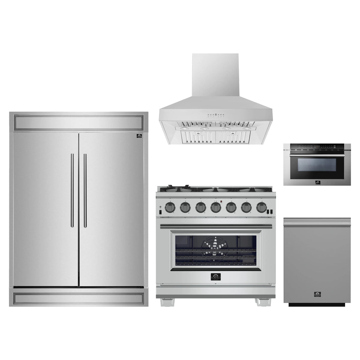 Forno 5-Piece Pro Appliance Package - 36-Inch Gas Range, 60-Inch Pro-Style Refrigerator, Wall Mount Hood, 24-Inch Microwave Drawer, & 3-Rack Dishwasher in Stainless Steel