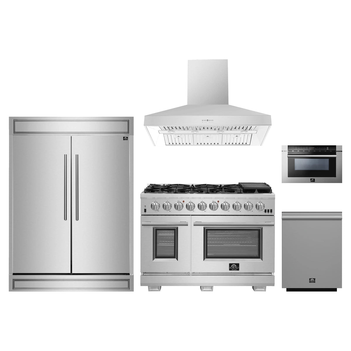 Forno 5-Piece Pro Appliance Package - 48-Inch Gas Range, 60-Inch Pro-Style Refrigerator, Wall Mount Hood, 24-Inch Microwave Drawer, & 3-Rack Dishwasher in Stainless Steel