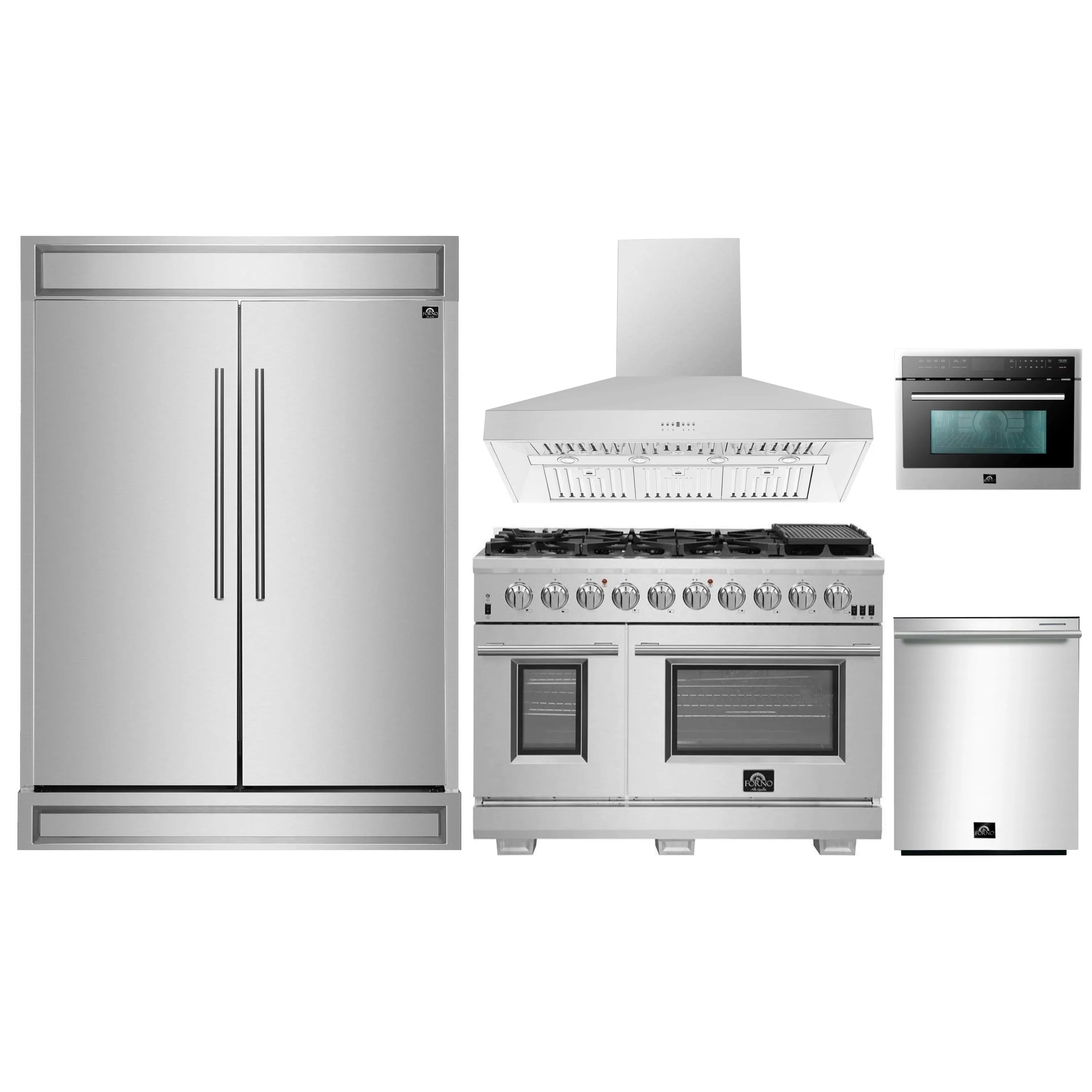 Stainless steel appliance set: refrigerator, gas range, wall hood, microwave, dishwasher