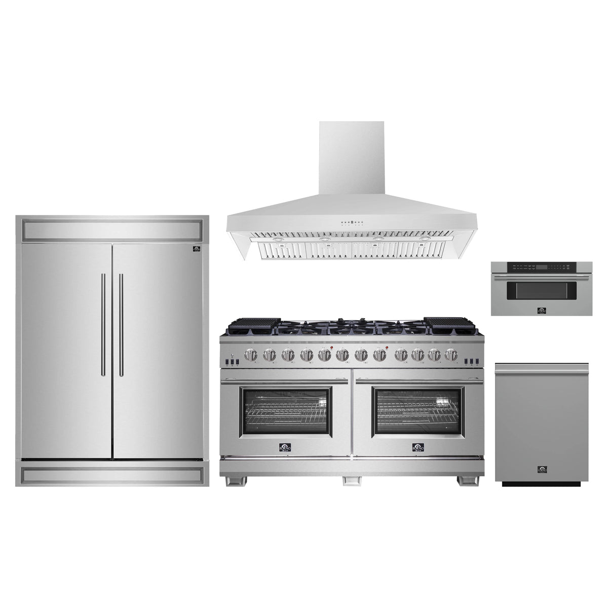 Forno 5-Piece Pro Appliance Package - 60-Inch Gas Range, 60-Inch Pro-Style Refrigerator, Wall Mount Hood, 30-Inch Microwave Drawer, & 3-Rack Dishwasher in Stainless Steel