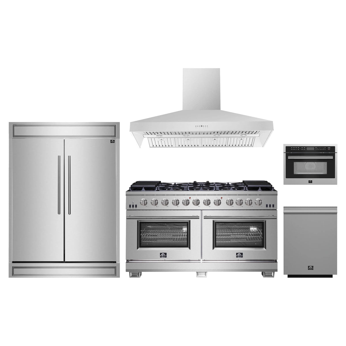 Forno 5-Piece Pro Appliance Package - 60-Inch Gas Range, 60-Inch Pro-Style Refrigerator, Wall Mount Hood, 24-Inch Microwave Oven, & 3-Rack Dishwasher in Stainless Steel