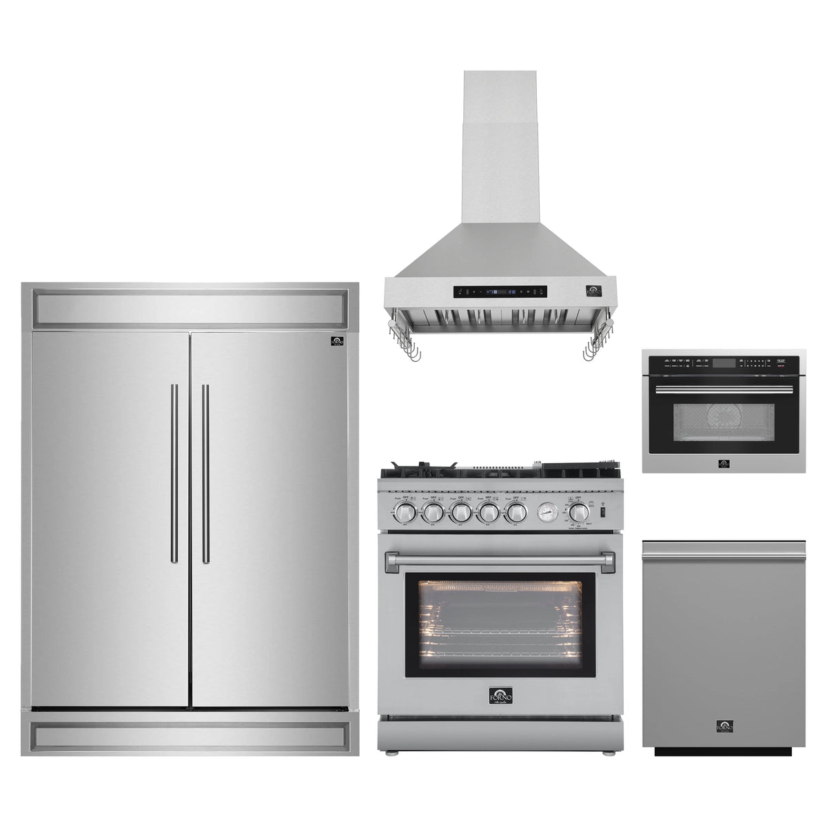 Forno 5-Piece Appliance Package - 30-Inch Gas Range with Air Fryer, 60-Inch Pro-Style Refrigerator, Wall Mount Hood, 24-Inch Microwave Oven, & 3-Rack Dishwasher in Stainless Steel