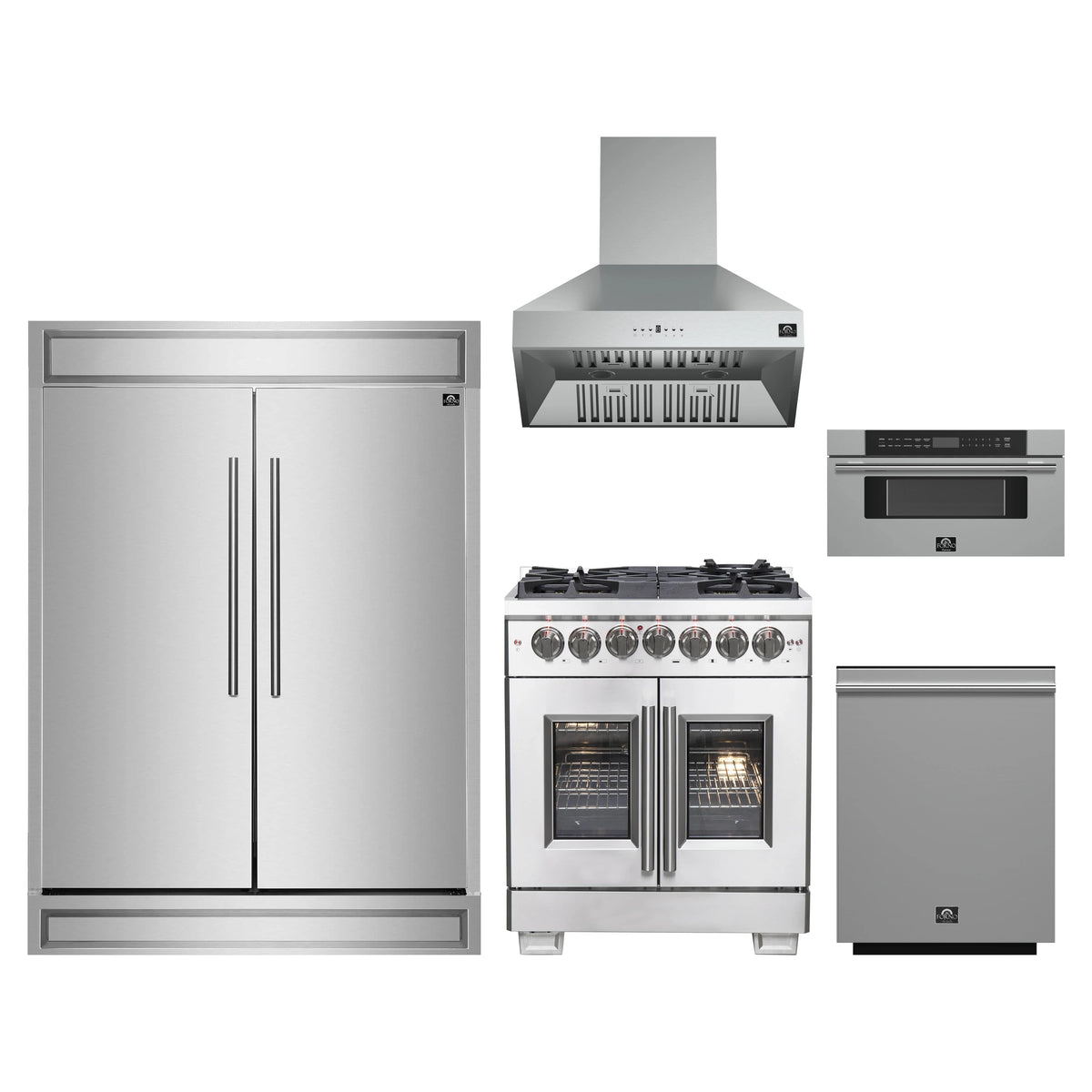 Forno 5-Piece Pro Appliance Package - 30-Inch Dual Fuel Range, 60-Inch Pro-Style Refrigerator, Wall Mount Hood, 30-Inch Microwave Drawer, & 3-Rack Dishwasher in Stainless Steel