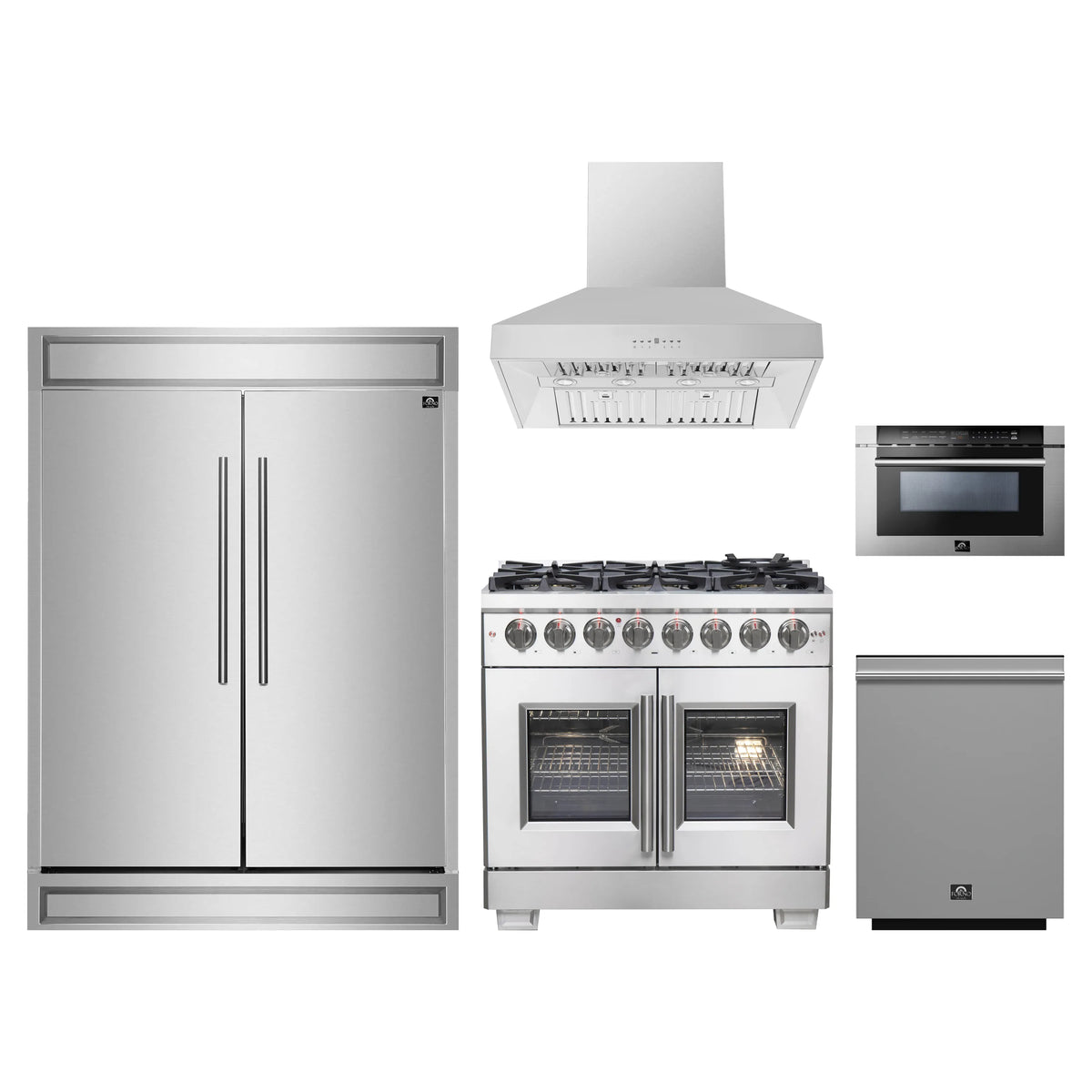 Forno 5-Piece Pro Appliance Package - 36-Inch Dual Fuel Range, 60-Inch Pro-Style Refrigerator, Wall Mount Hood, 24-Inch Microwave Drawer, & 3-Rack Dishwasher in Stainless Steel