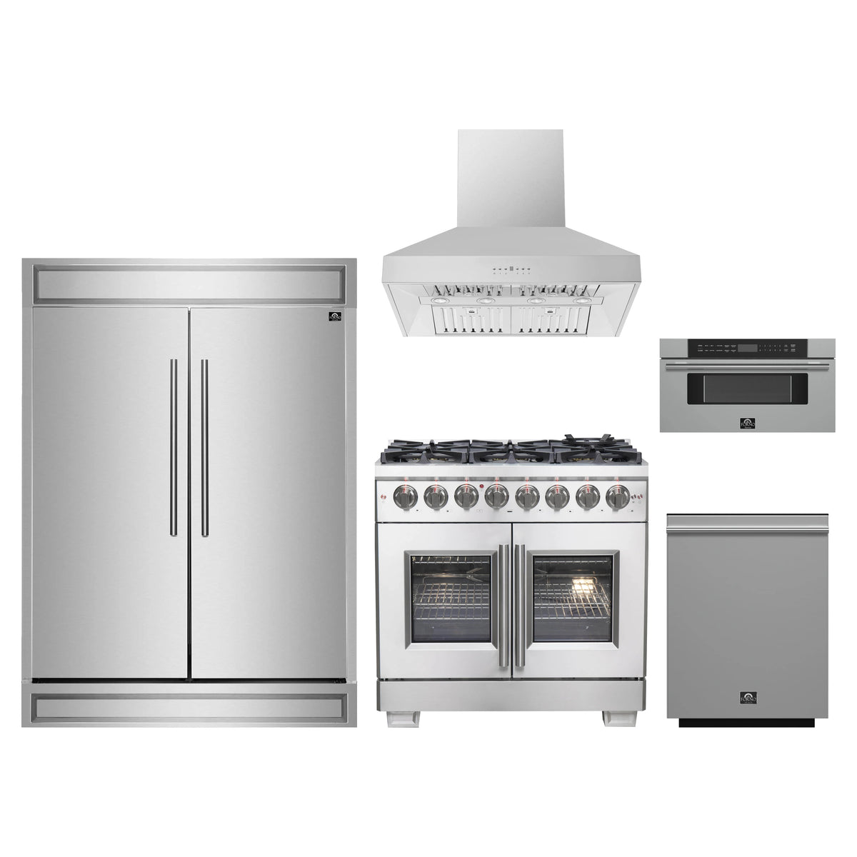 Forno 5-Piece Pro Appliance Package - 36-Inch Dual Fuel Range, 60-Inch Pro-Style Refrigerator, Wall Mount Hood, 30-Inch Microwave Drawer, & 3-Rack Dishwasher in Stainless Steel