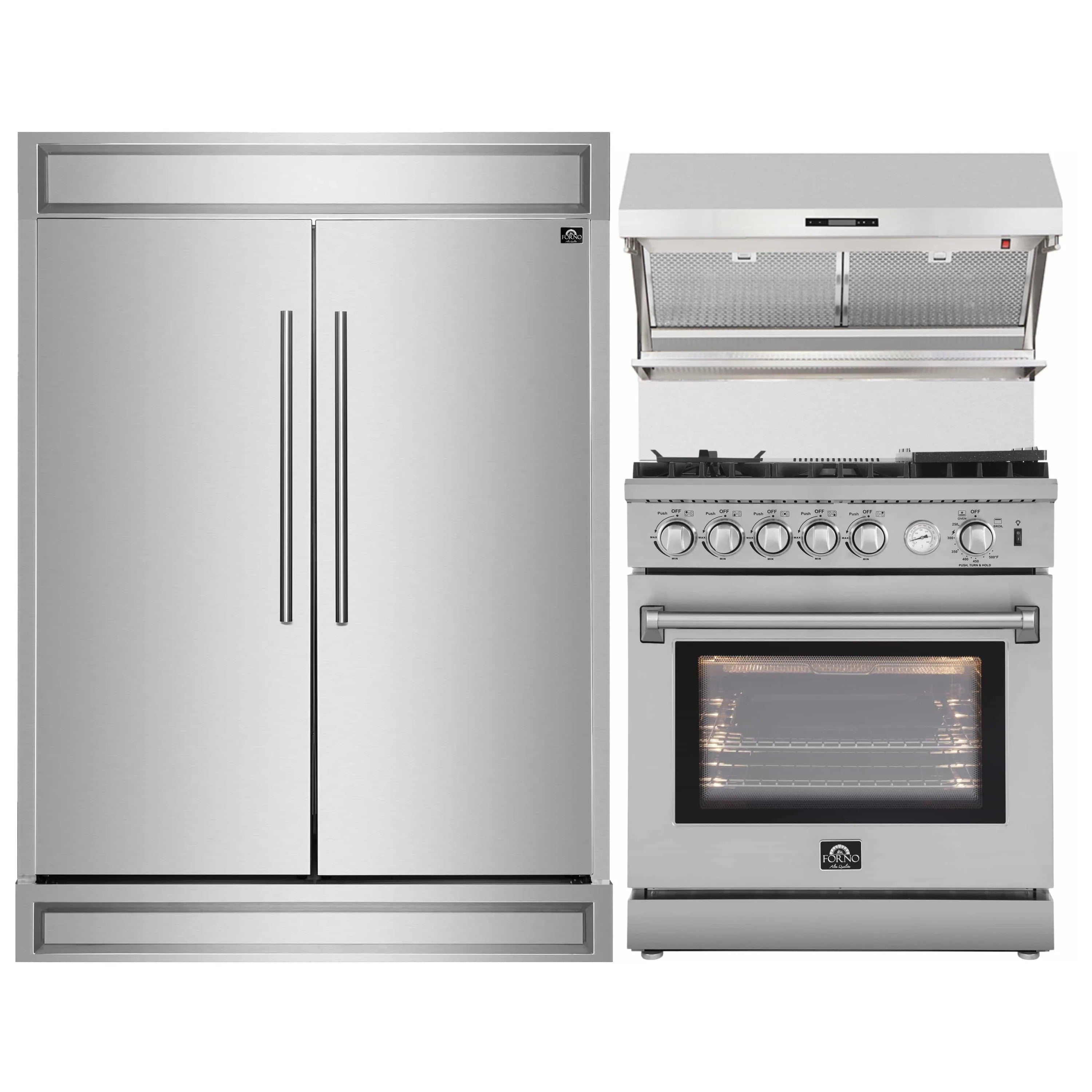 Stainless steel refrigerator and gas range with oven window and overhead hood