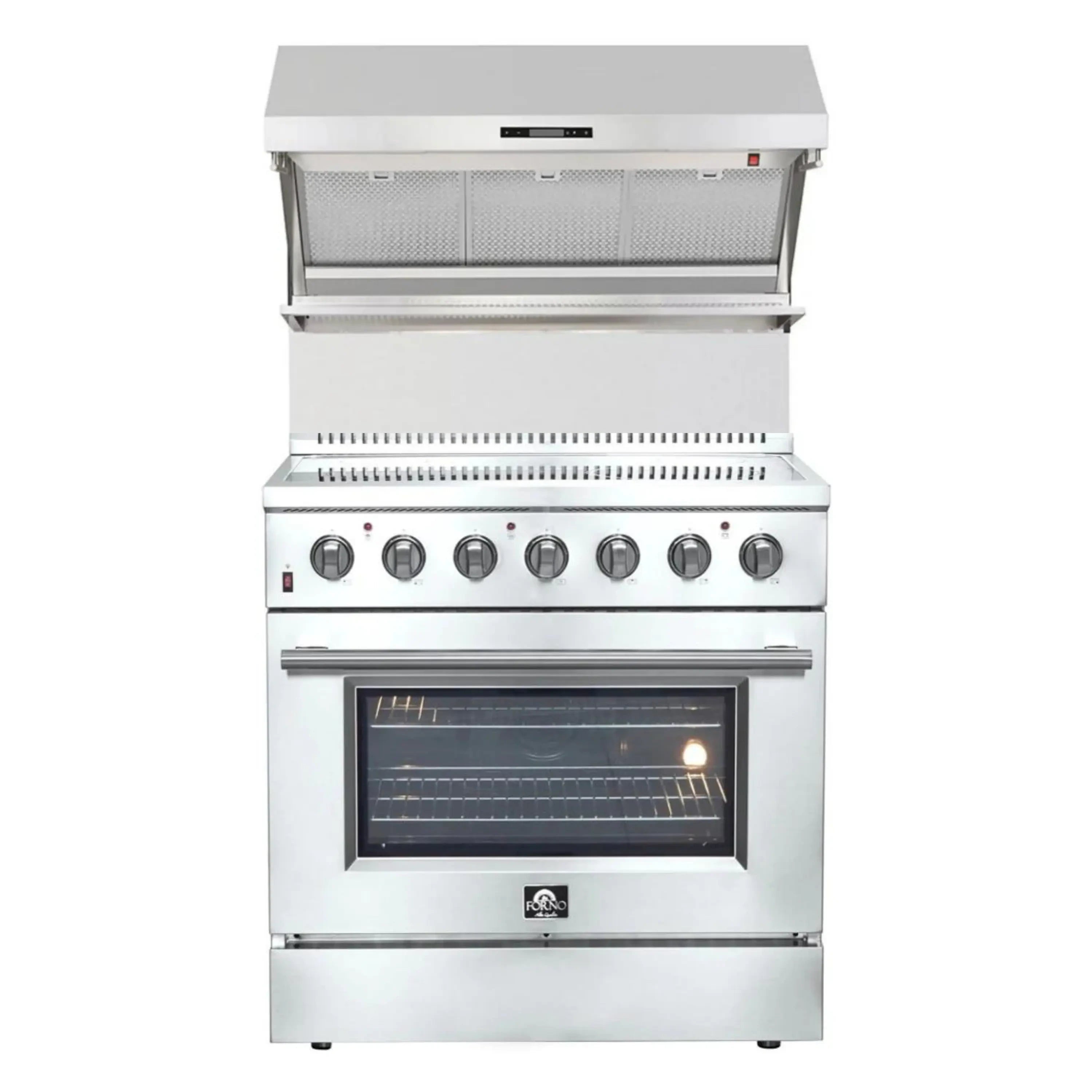 Stainless steel 36-inch electric range with six-burner cooktop and glass oven door