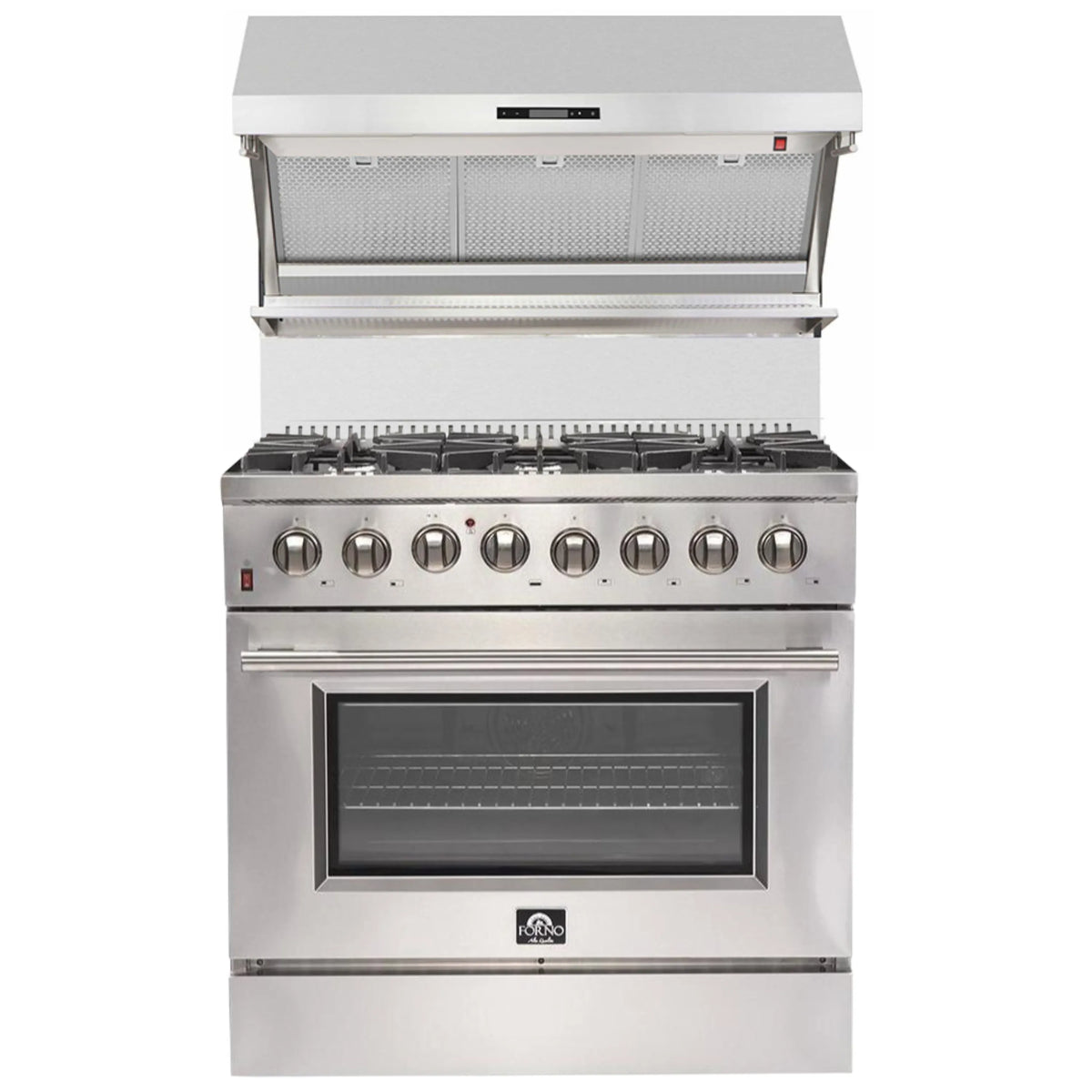 Forno 2-Piece Appliance Package - 36-Inch Dual Fuel Range & Wall Mount Hood with Backsplash in Stainless Steel
