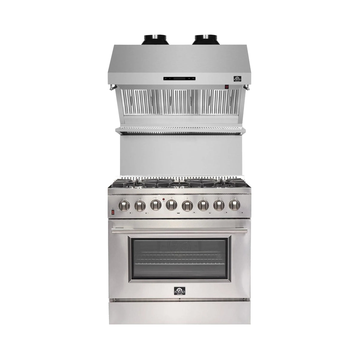 Forno 2-Piece Appliance Package - 36-Inch Dual Fuel Range & Wall Mount Hood with Backsplash in Stainless Steel