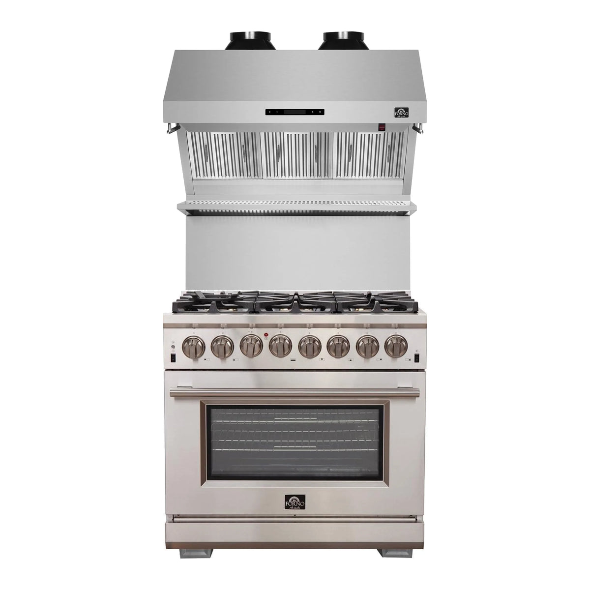 Forno 2-Piece Pro Appliance Package - 36-Inch Dual Fuel Range & Wall Mount Hood with Backsplash in Stainless Steel