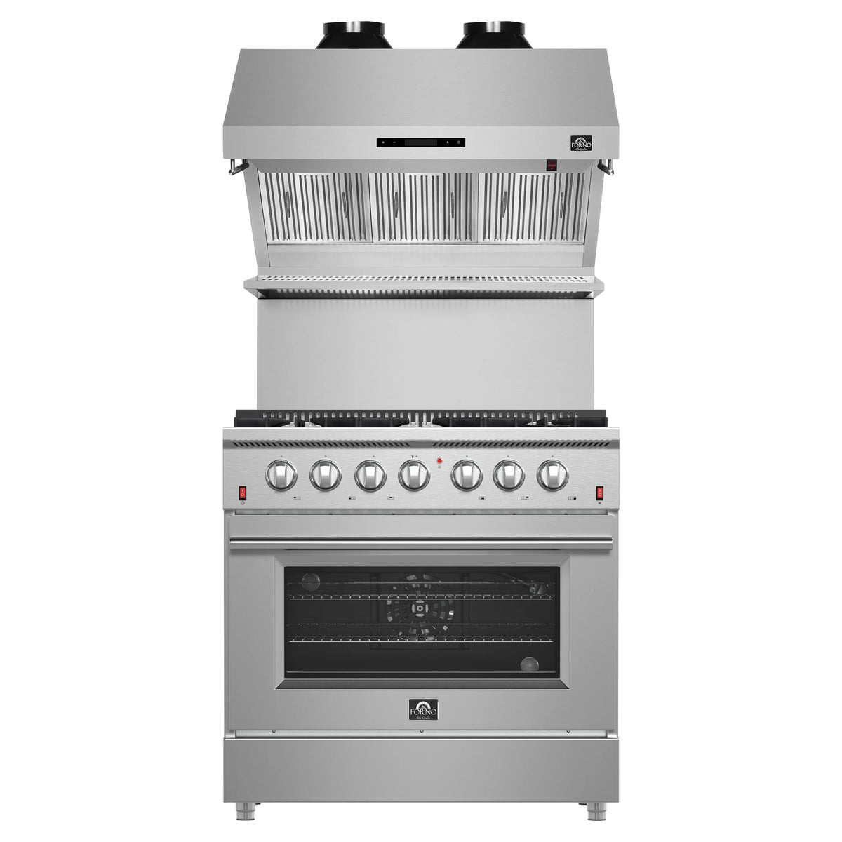 Forno 2-Piece Appliance Package - 36-Inch Gas Range & Wall Mount Hood with Backsplash in Stainless Steel