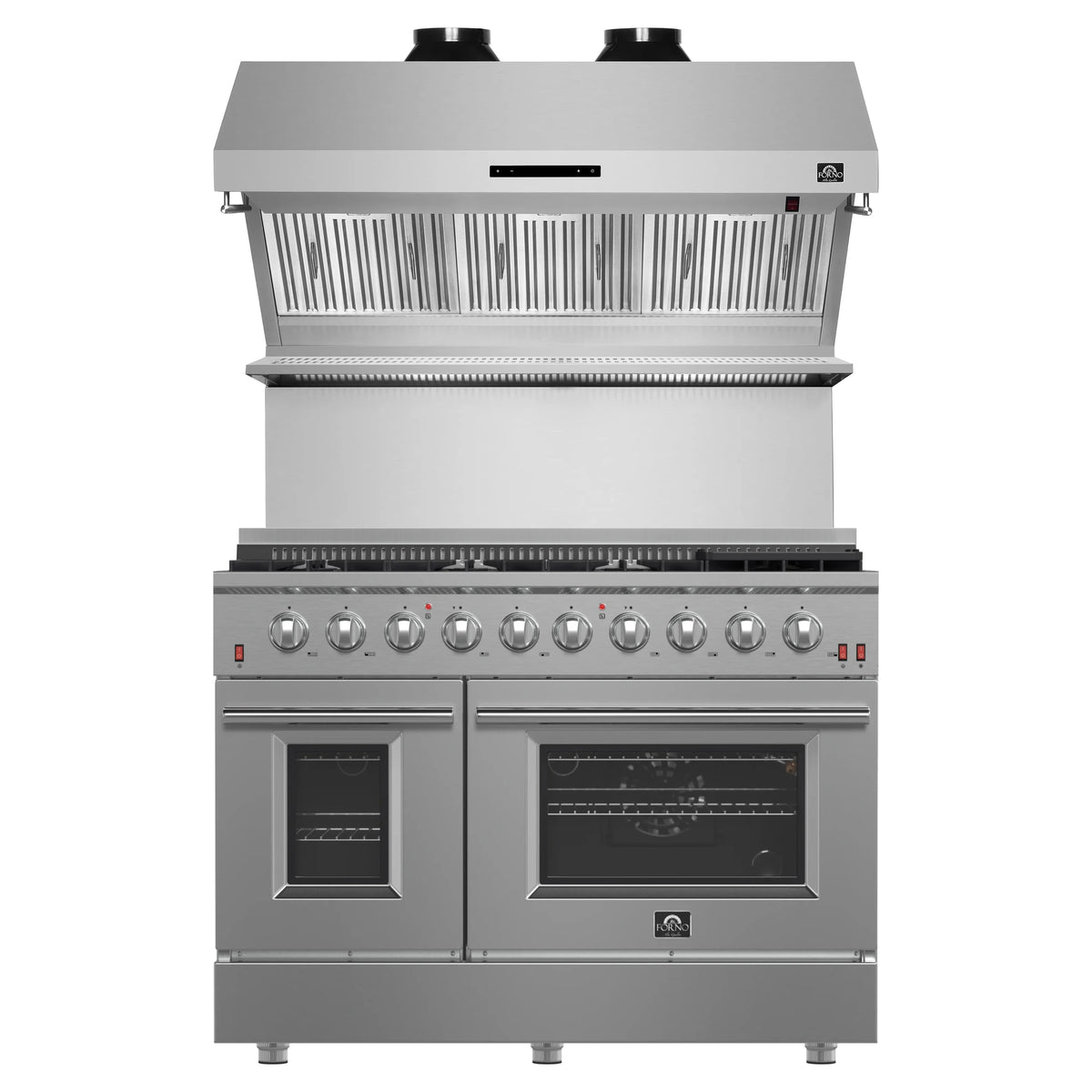 Forno 2-Piece Appliance Package - 48-Inch Gas Range & Wall Mount Hood with Backsplash in Stainless Steel