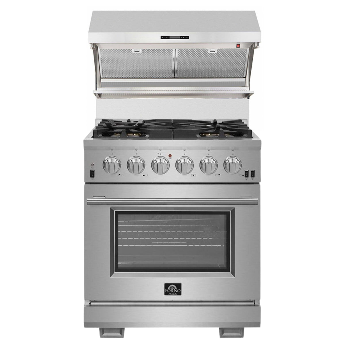 Forno 2-Piece Pro Appliance Package - 30-Inch Gas Range & Wall Mount Hood with Backsplash in Stainless Steel