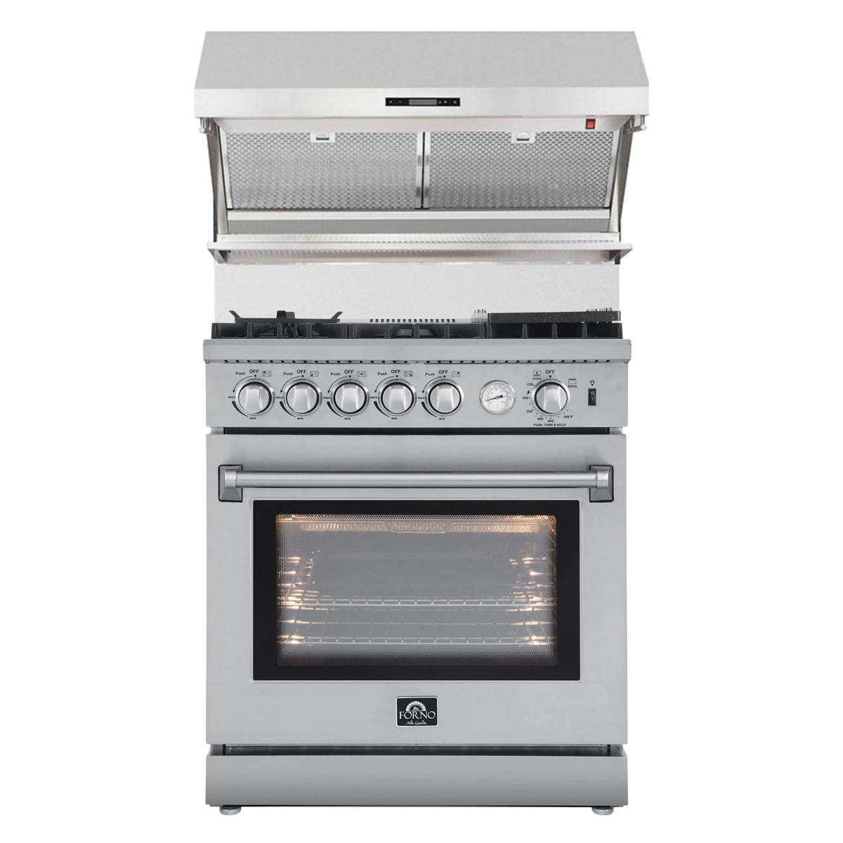 Forno 2-Piece Appliance Package - 30-Inch Gas Range with Air Fryer & Wall Mount Hood with Backsplash in Stainless Steel