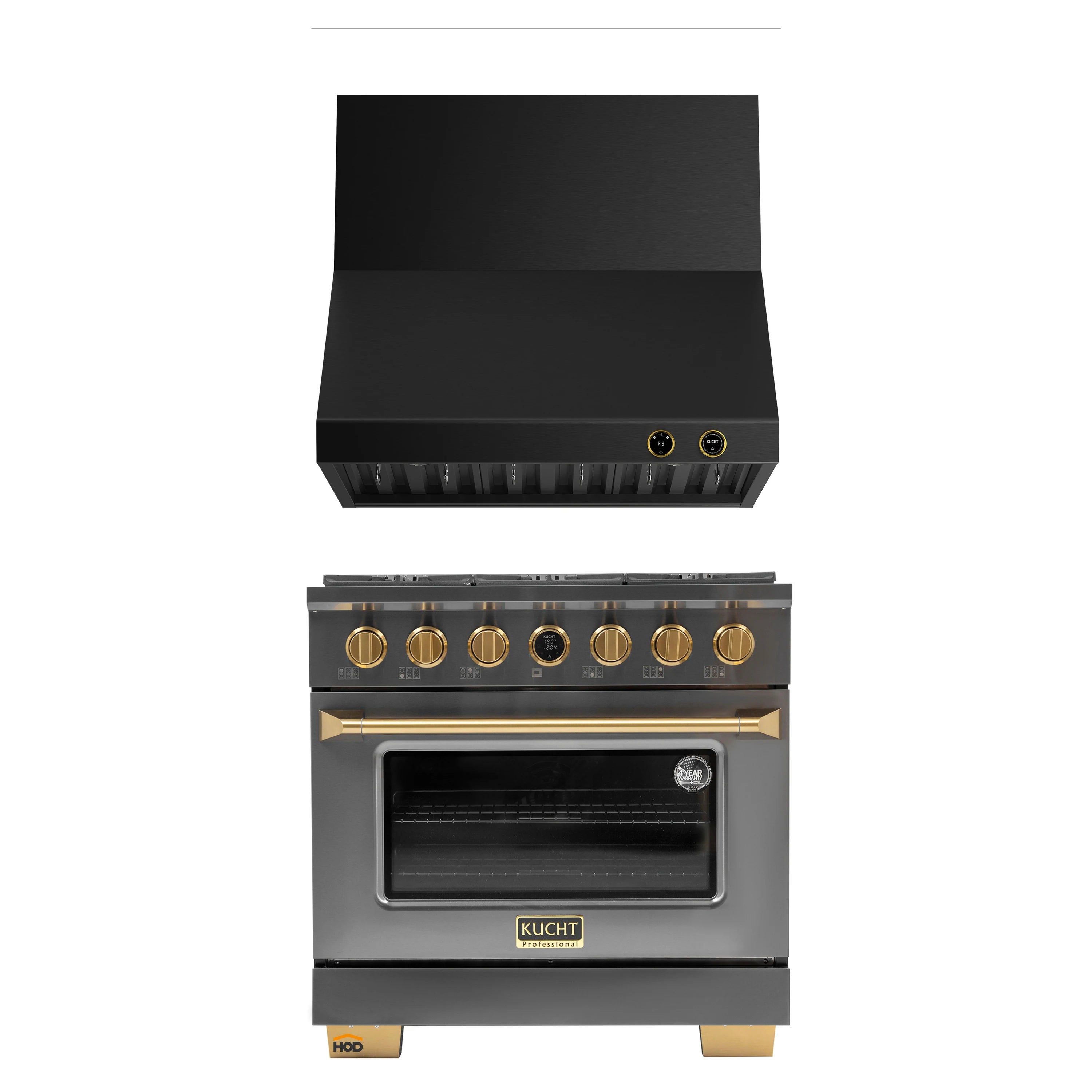Kucht 36-inch propane gas range with dark titanium finish, gold controls, and oven door