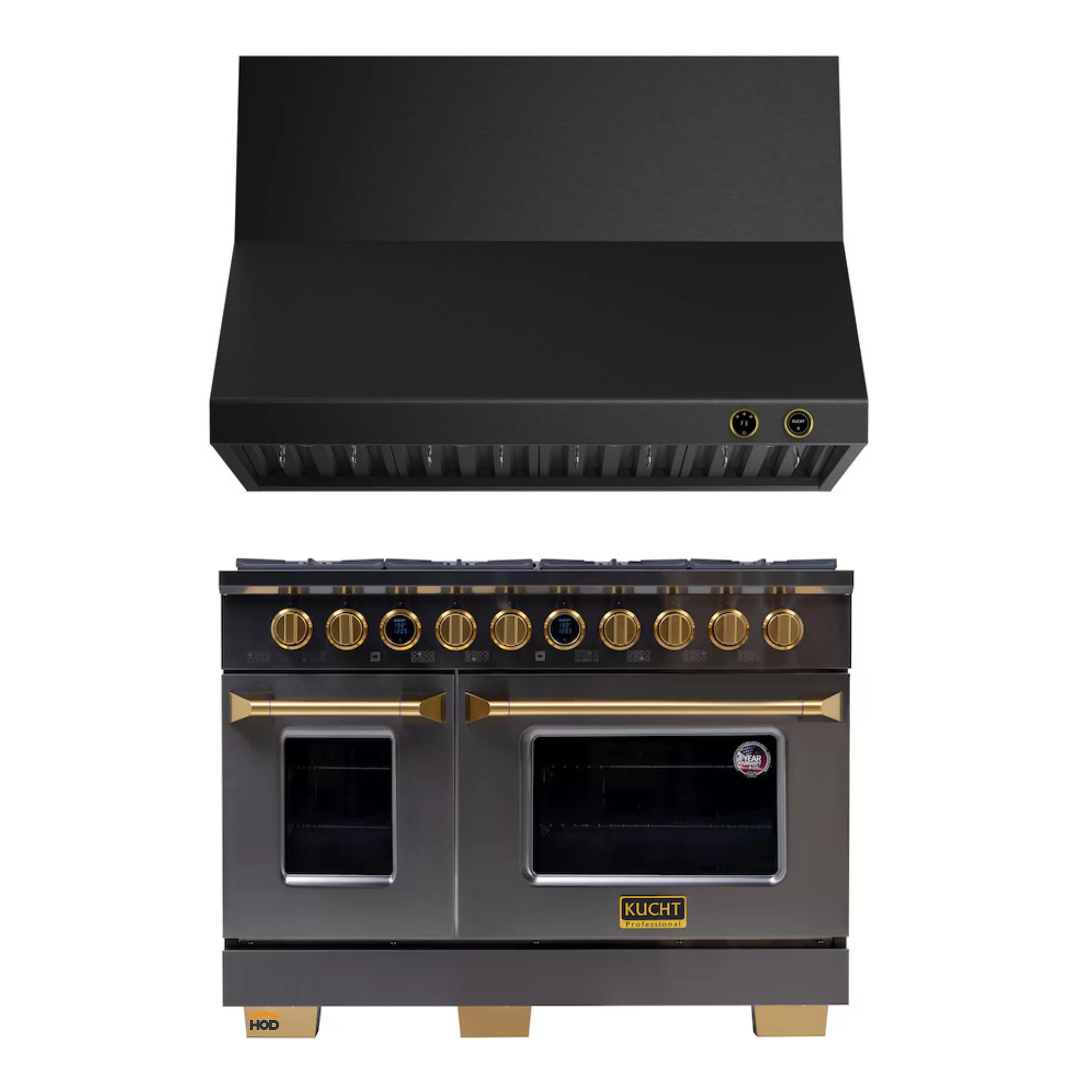 Dark stainless propane range with dual ovens, gold knobs, and matching wall hood