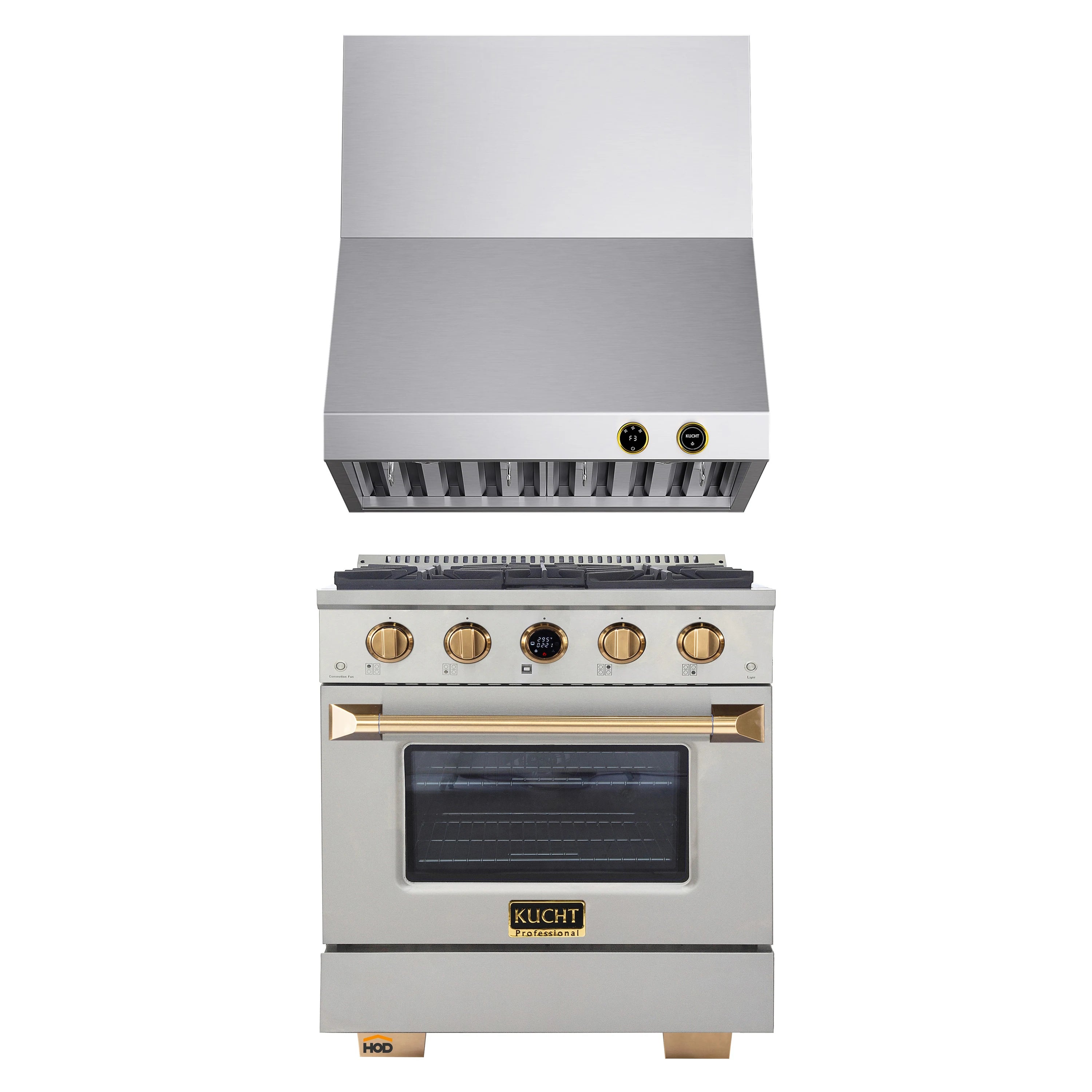 30-inch stainless steel gas range with wall hood and gold-accent controls