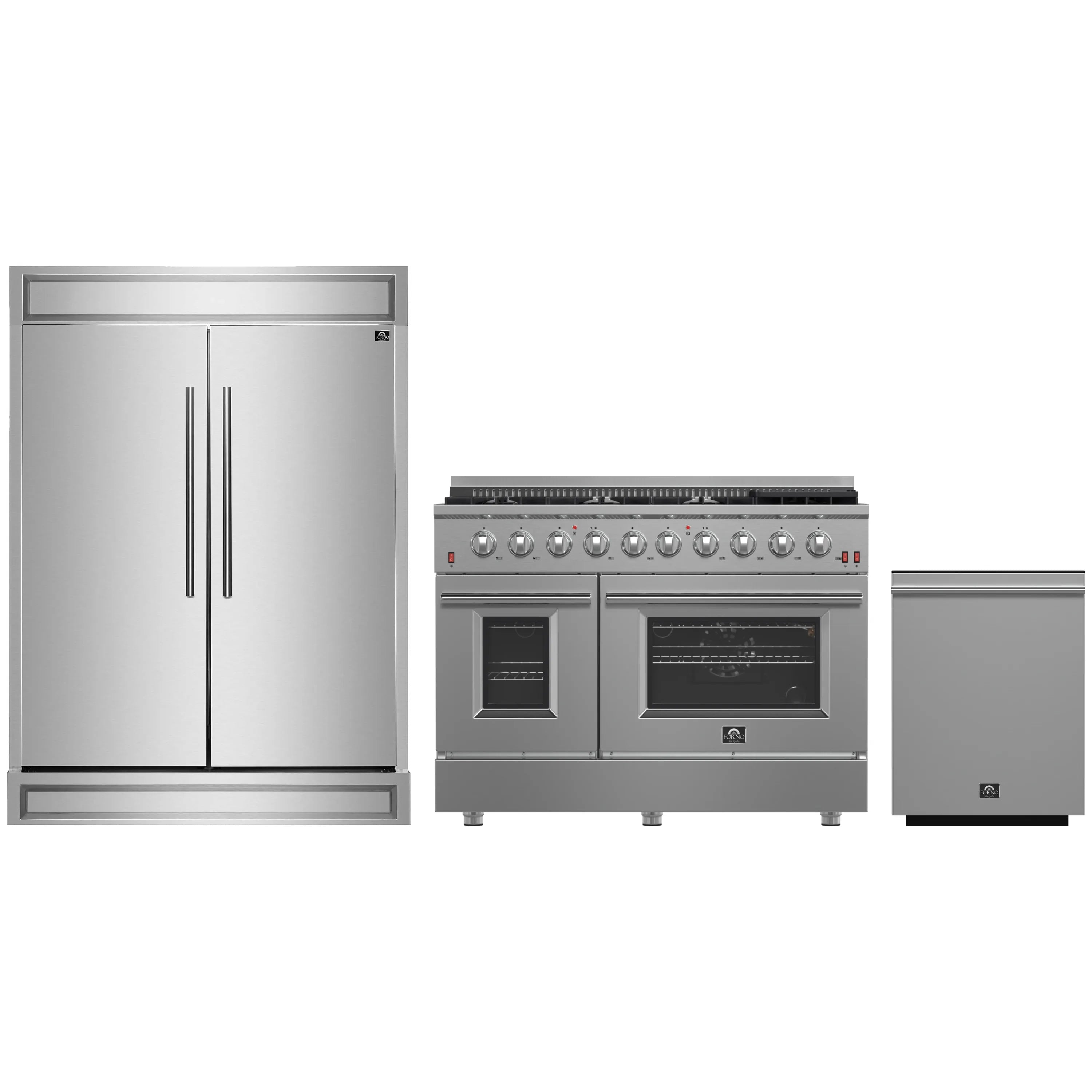 Stainless appliance package with refrigerator, 48-inch gas range, and dishwasher