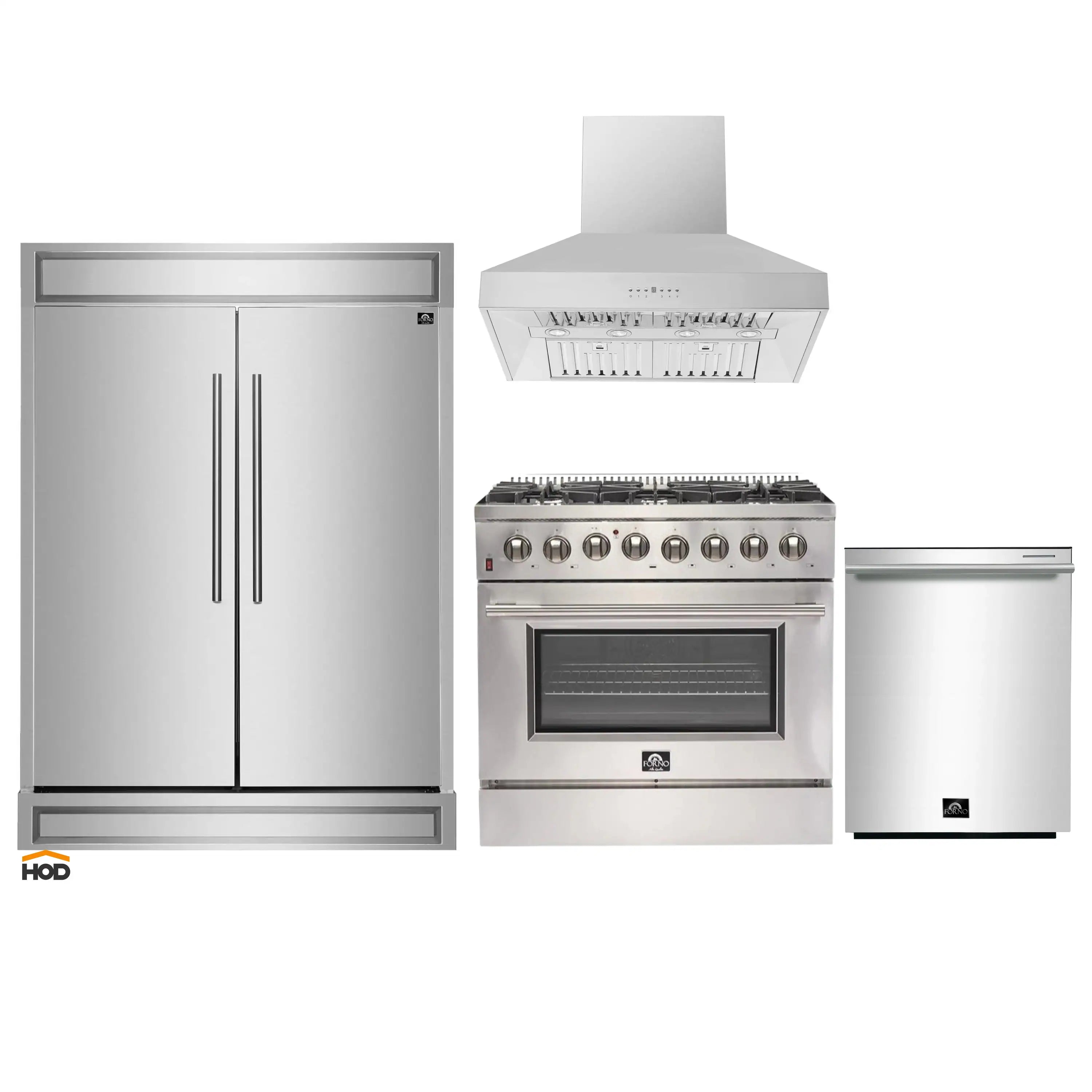Forno stainless steel 4-piece appliance set with refrigerator, dual fuel range, hood, dishwasher