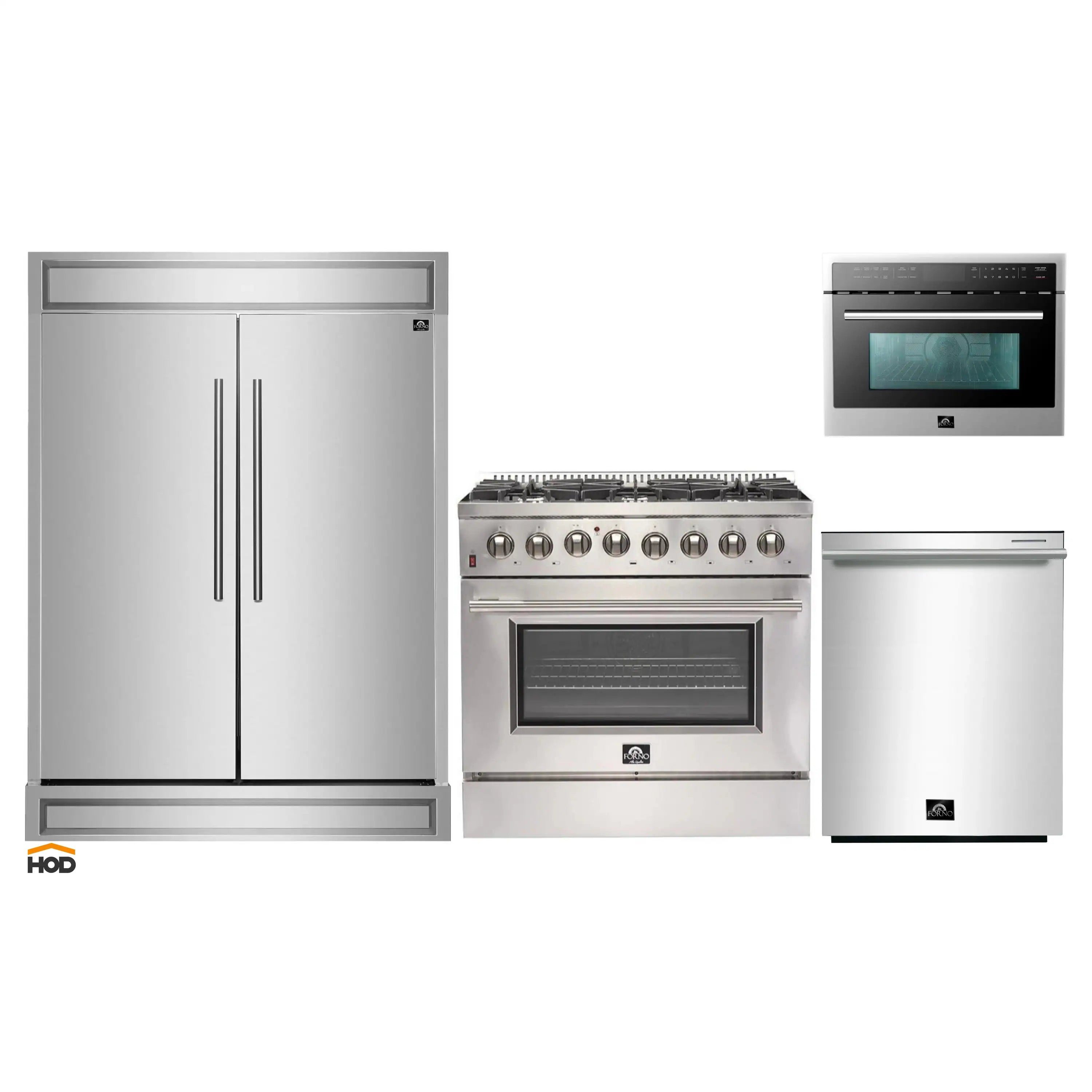 Stainless steel appliance package with refrigerator, dual fuel range, microwave, dishwasher
