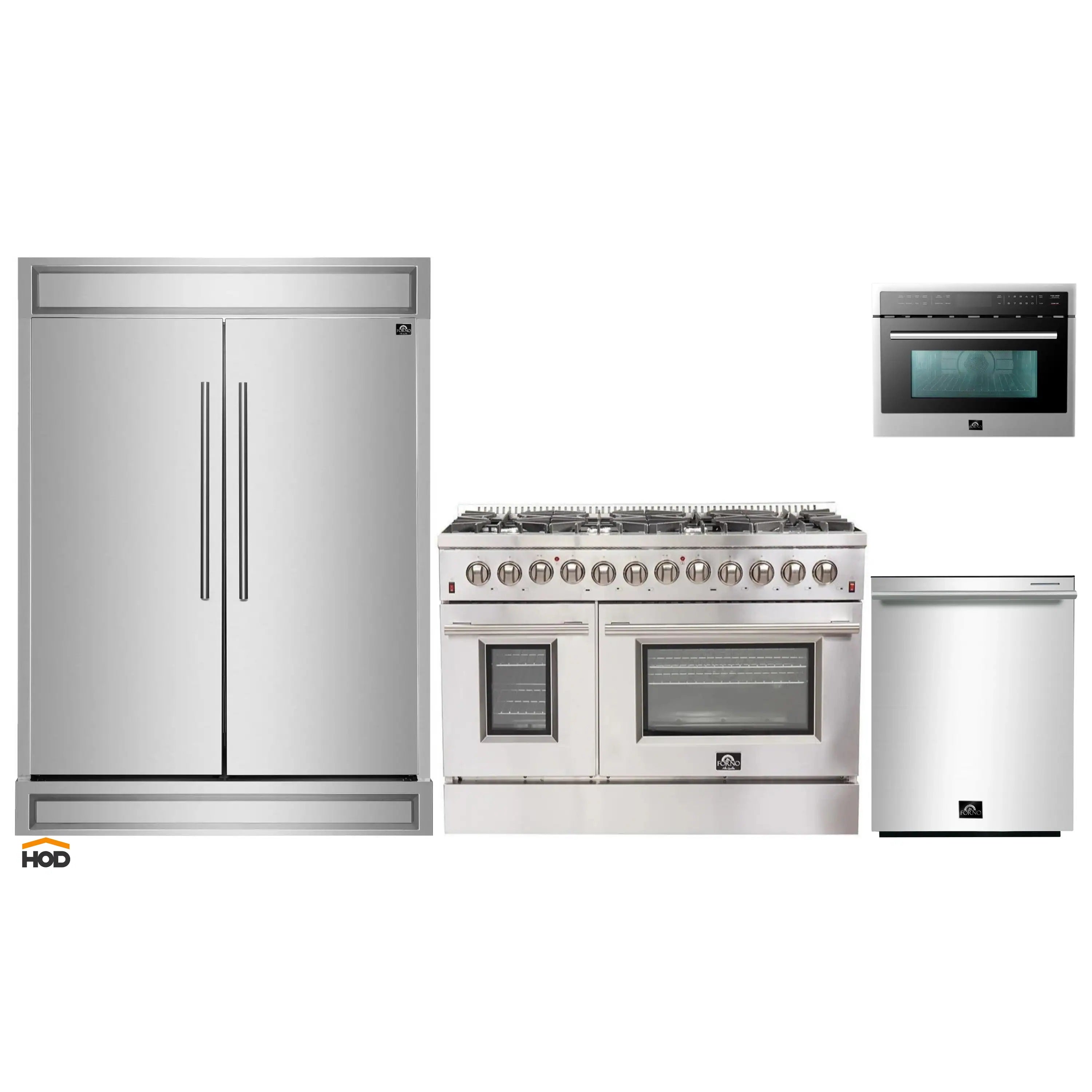 4-piece stainless appliance set: refrigerator, dual-fuel range, microwave, and dishwasher
