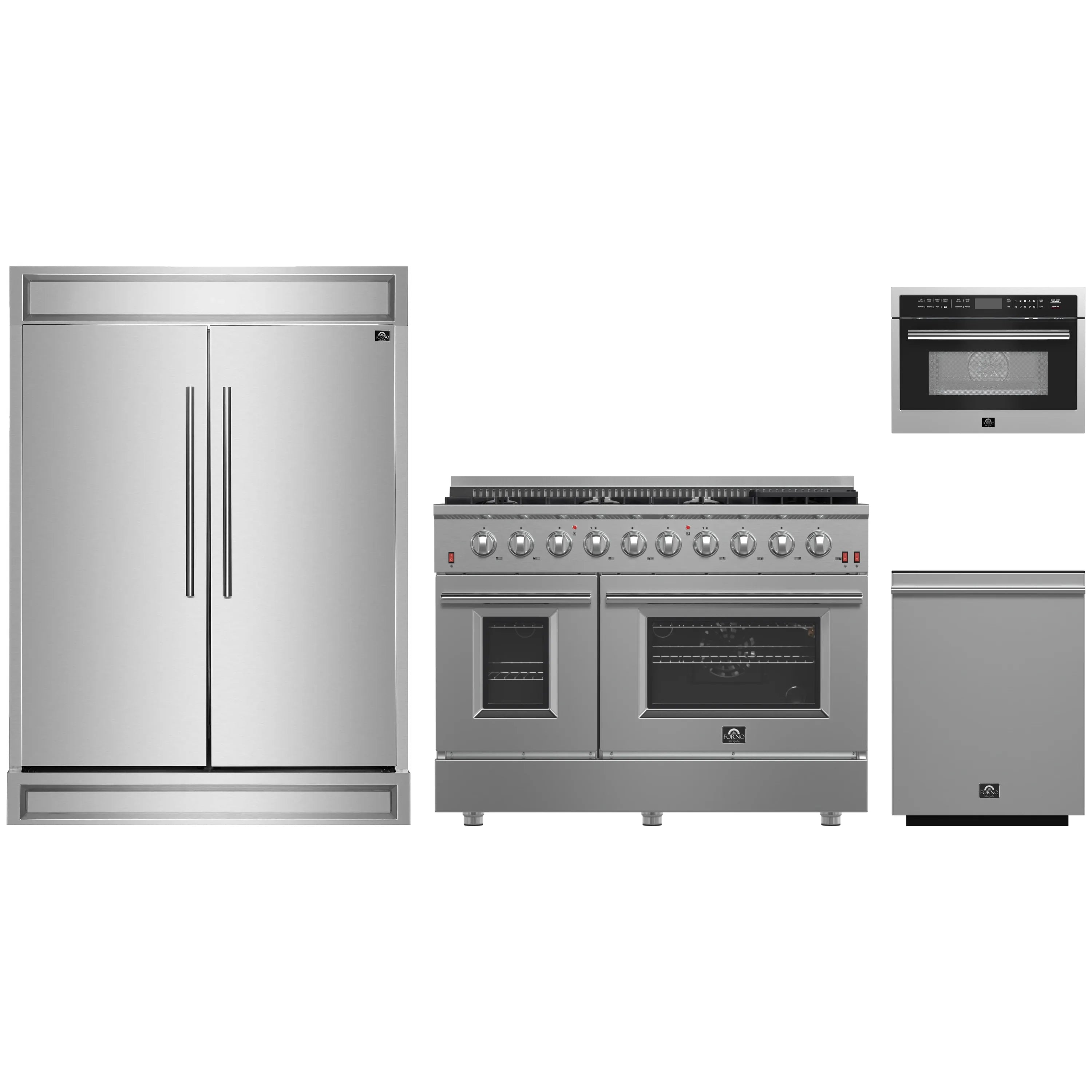 Stainless steel appliance set: refrigerator, microwave, gas range, and dishwasher lineup.