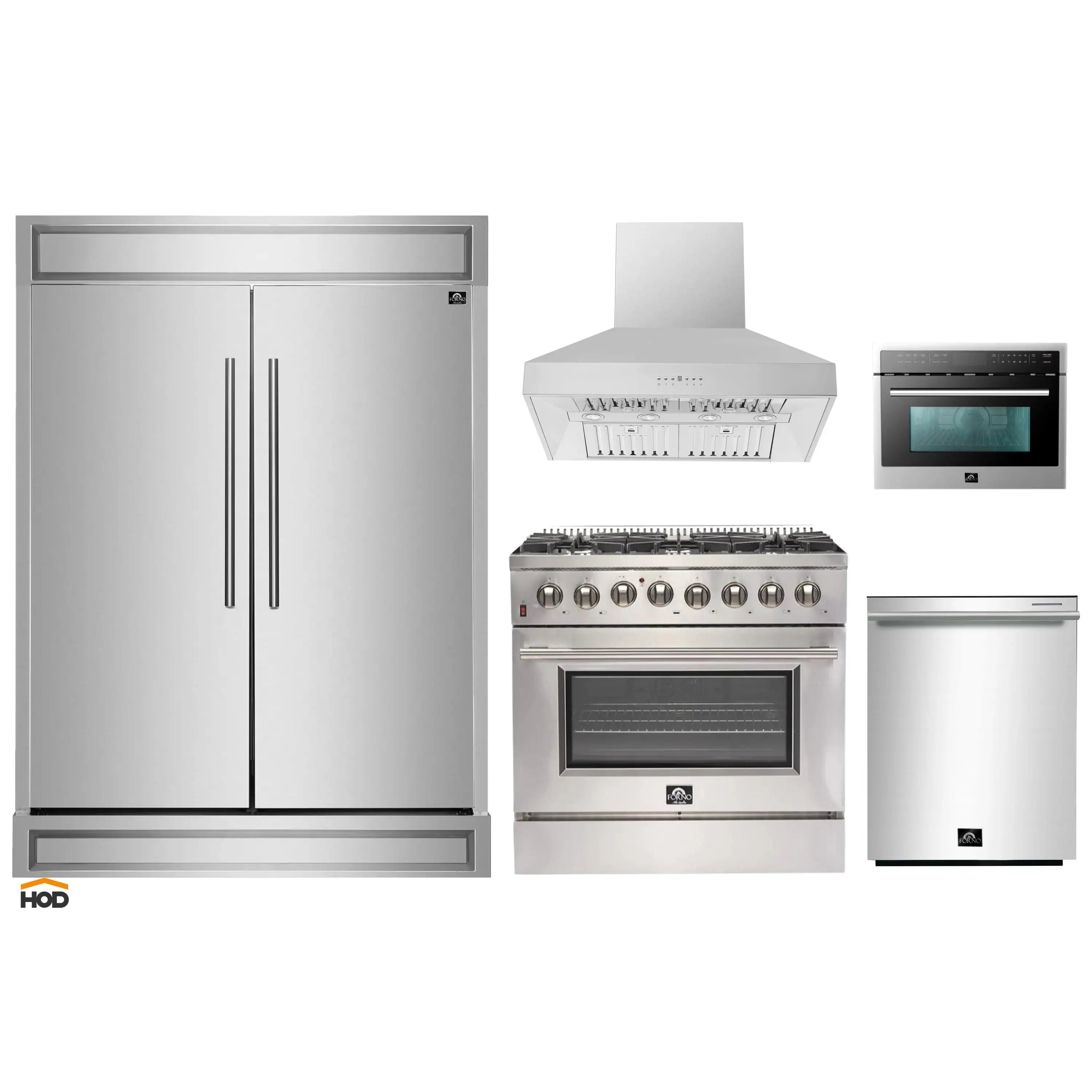Stainless steel appliance package showing refrigerator, hood, range, microwave, and dishwasher