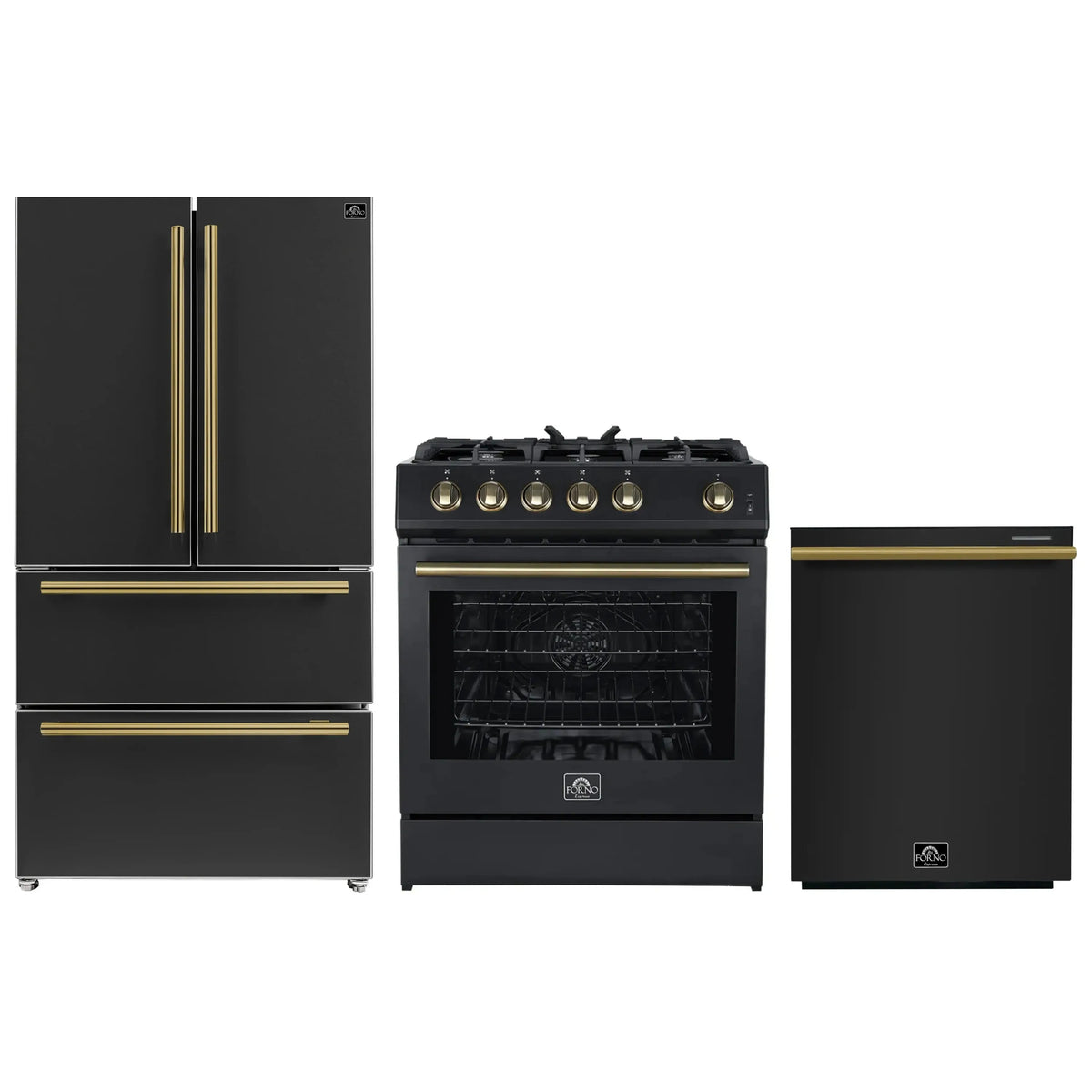 Forno 3-Piece Appliance Package - 30-Inch Gas Range, Refrigerator, and Dishwasher in Black with Antique Brass Trim