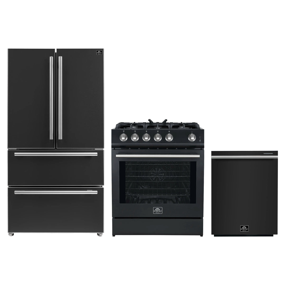 Forno 3-Piece Appliance Package - 30-Inch Gas Range, Refrigerator, and Dishwasher in Black with Stainless Steel Trim