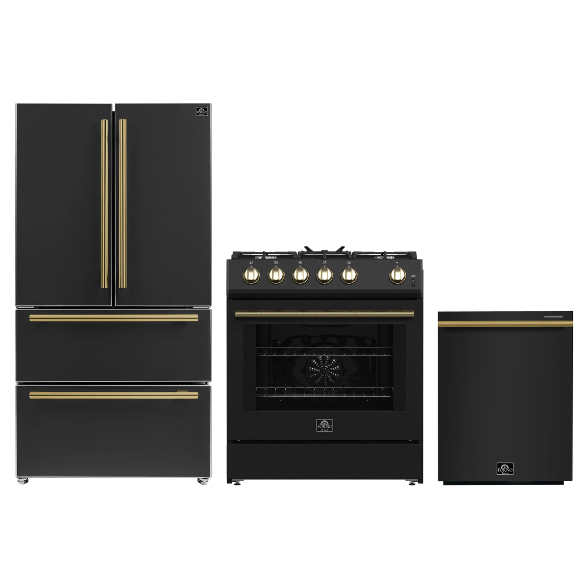 Forno 3-Piece Appliance Package - 30-Inch Gas Range, Refrigerator, and Dishwasher in Black with Antique Brass Trim