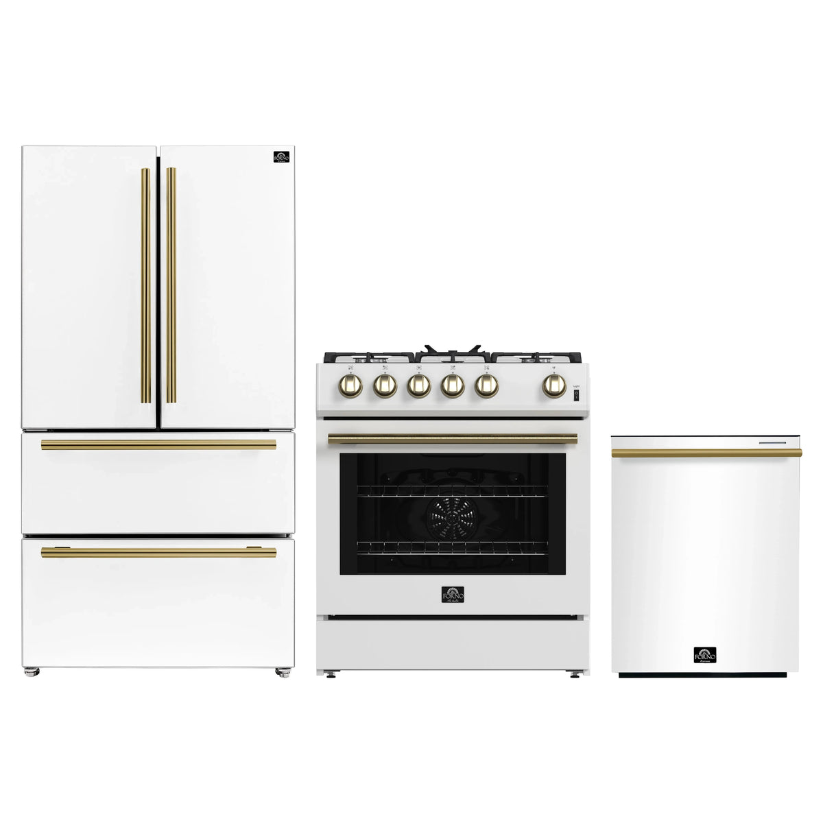 Forno 3-Piece Appliance Package - 30-Inch Gas Range, Refrigerator, and Dishwasher in White with Antique Brass Trim