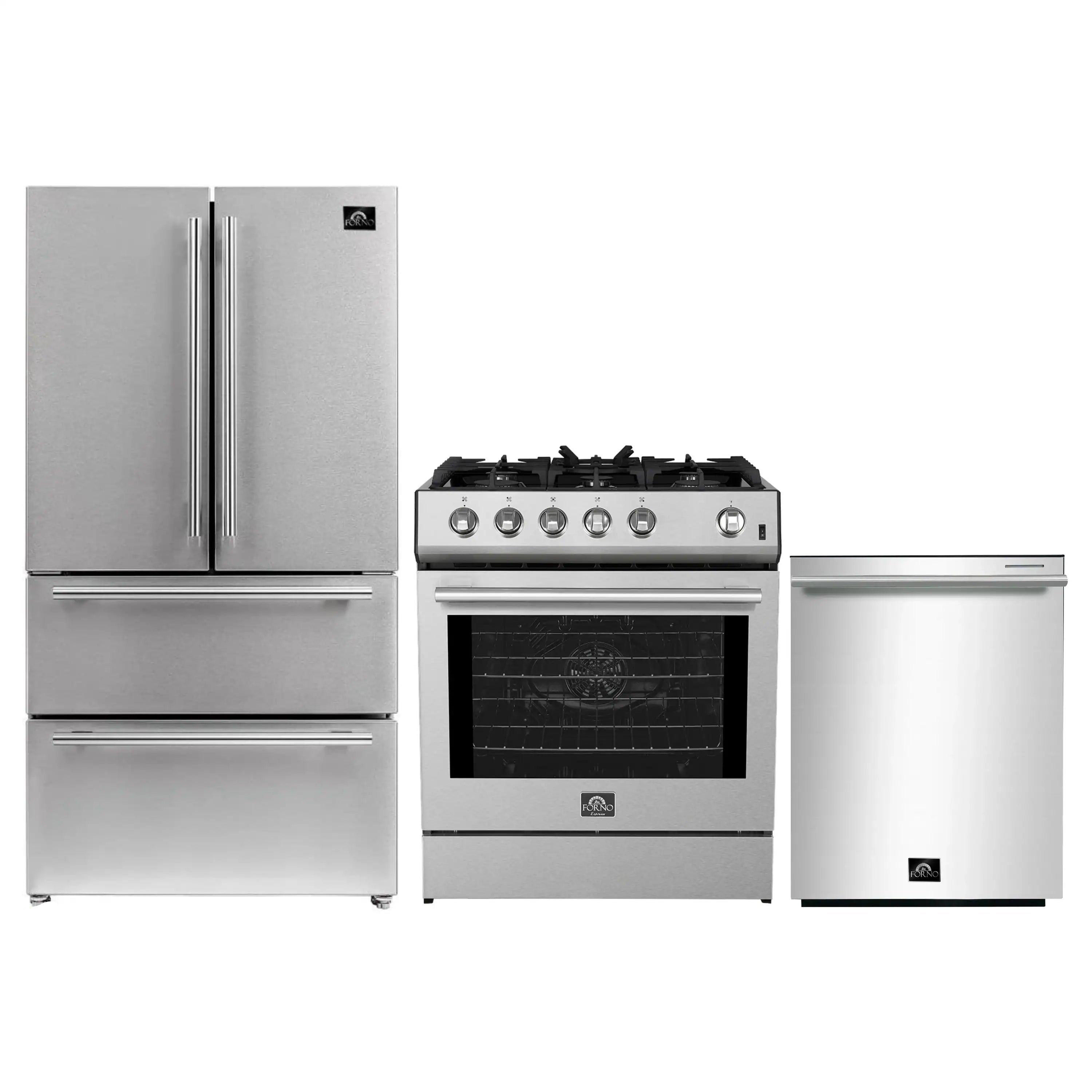 Stainless steel kitchen appliance set with range, refrigerator, and dishwasher