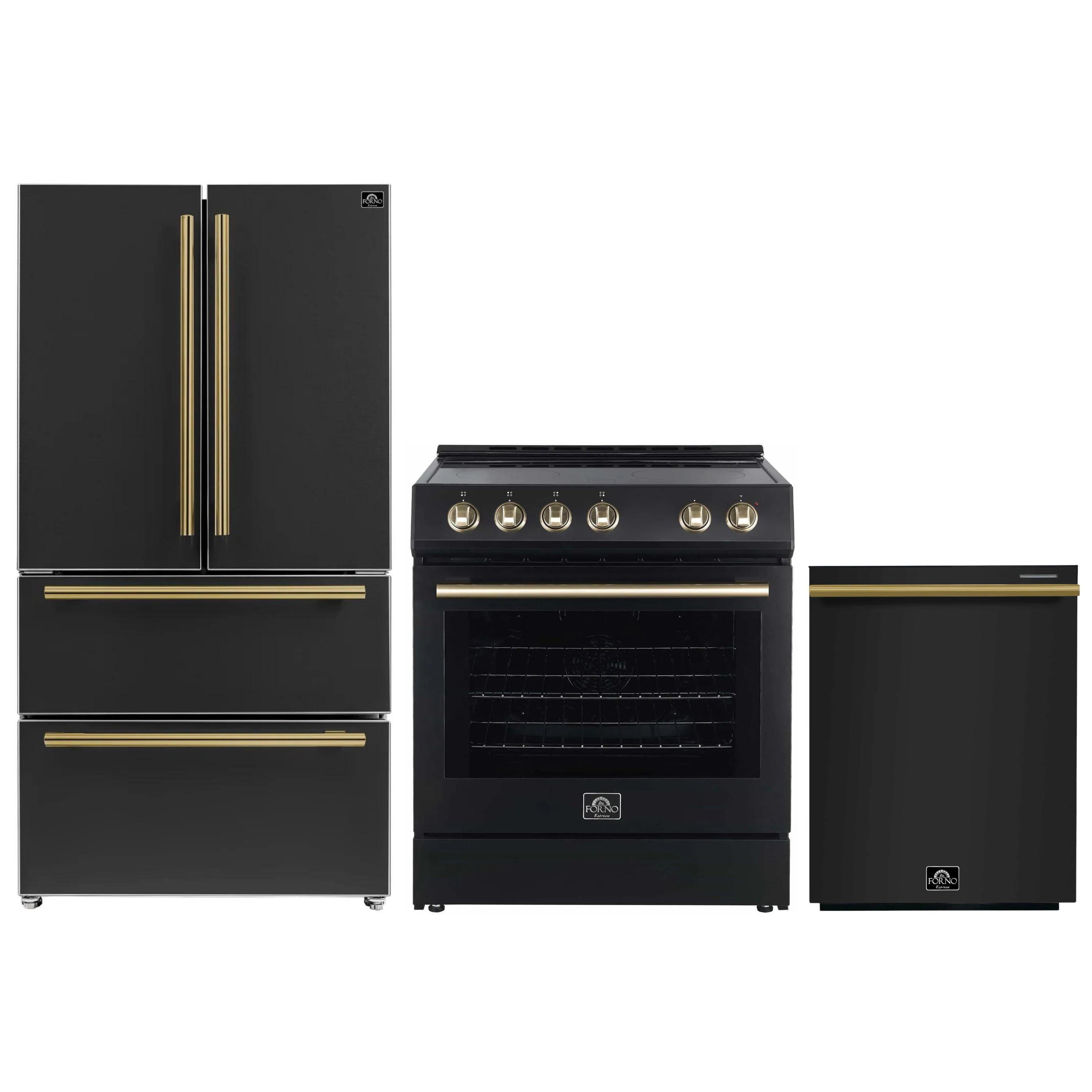 Black 3-piece appliance set with antique brass trim: refrigerator, range, dishwasher