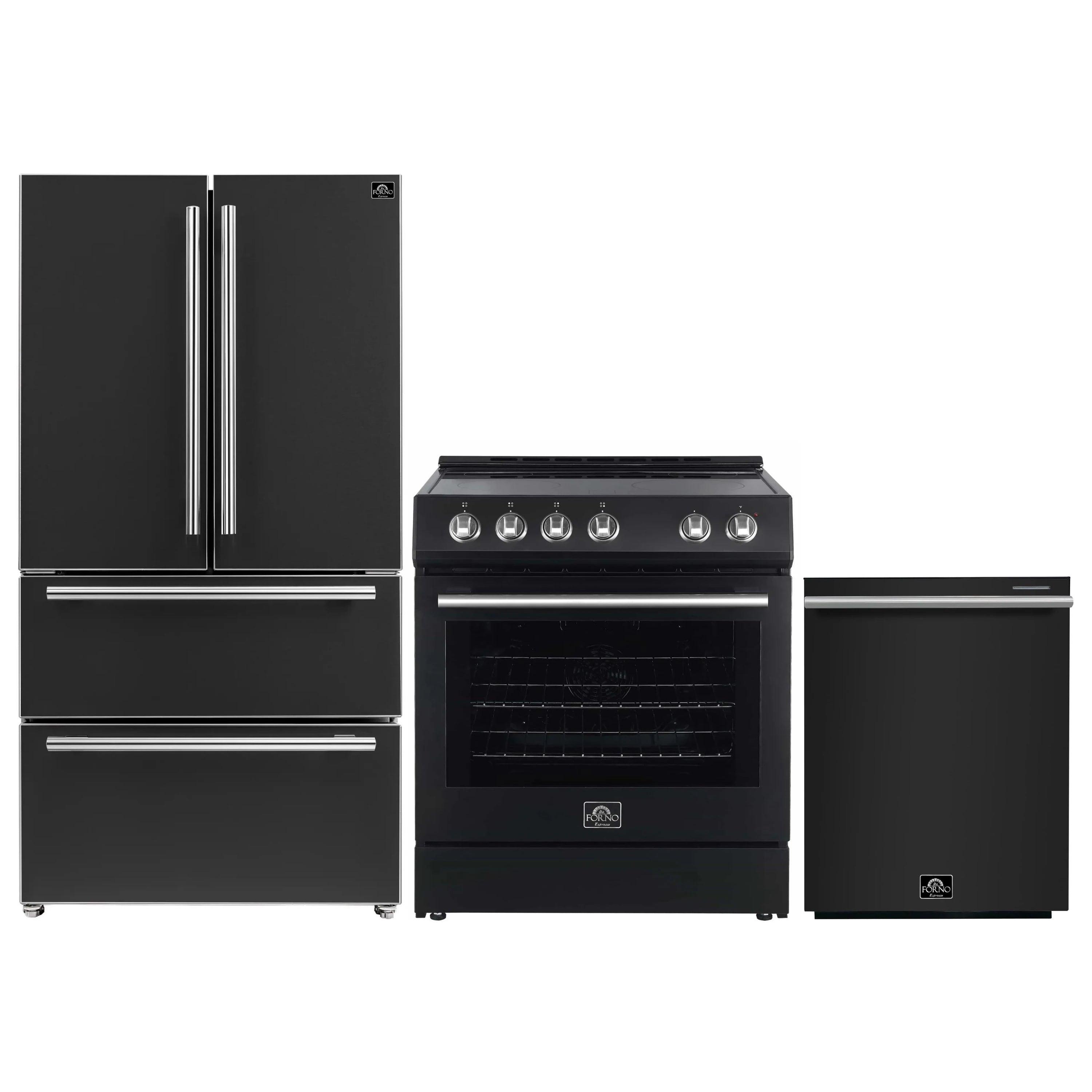 Black appliance set with stainless-trim range, refrigerator, and dishwasher