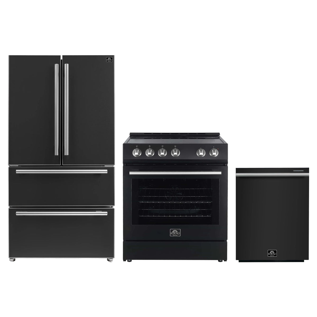 Forno Espresso 3-Piece Appliance Package - 30-Inch Electric Range, Refrigerator and Dishwasher in Black with Stainless Steel Trim