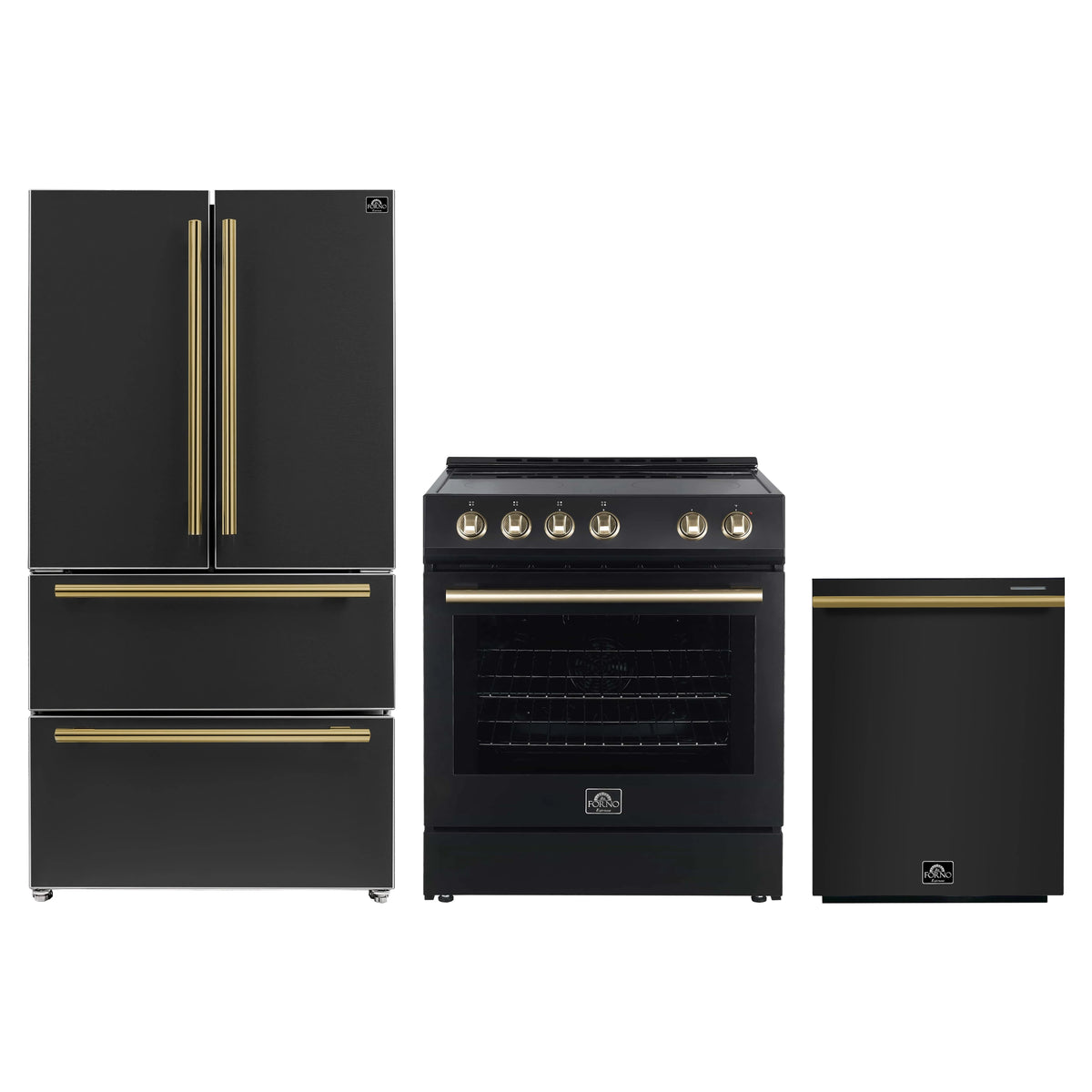 Forno Espresso 3-Piece Appliance Package - 30-Inch Electric Range, Refrigerator and Dishwasher in Black with Antique Brass Trim