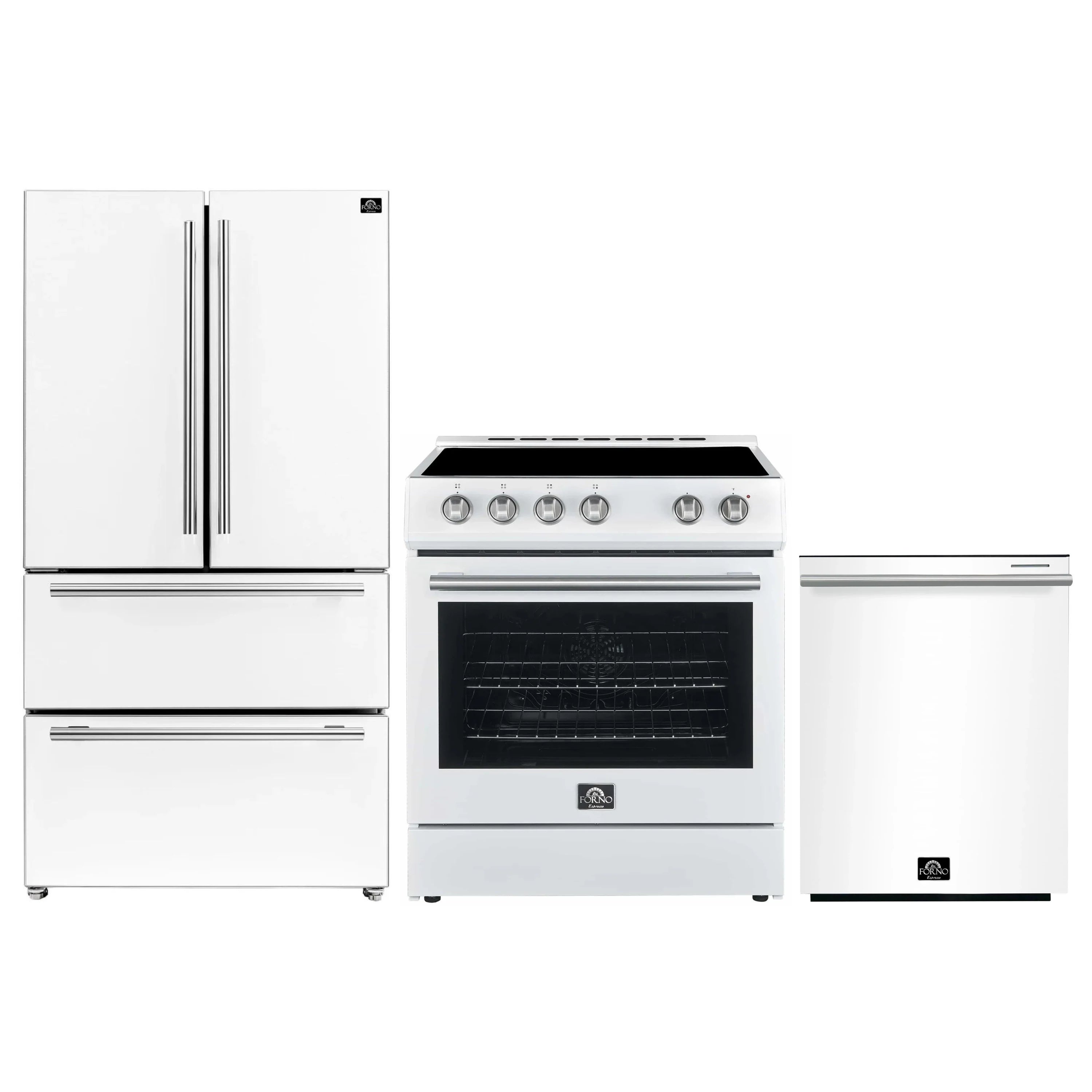 White appliance package with refrigerator, electric range, and dishwasher