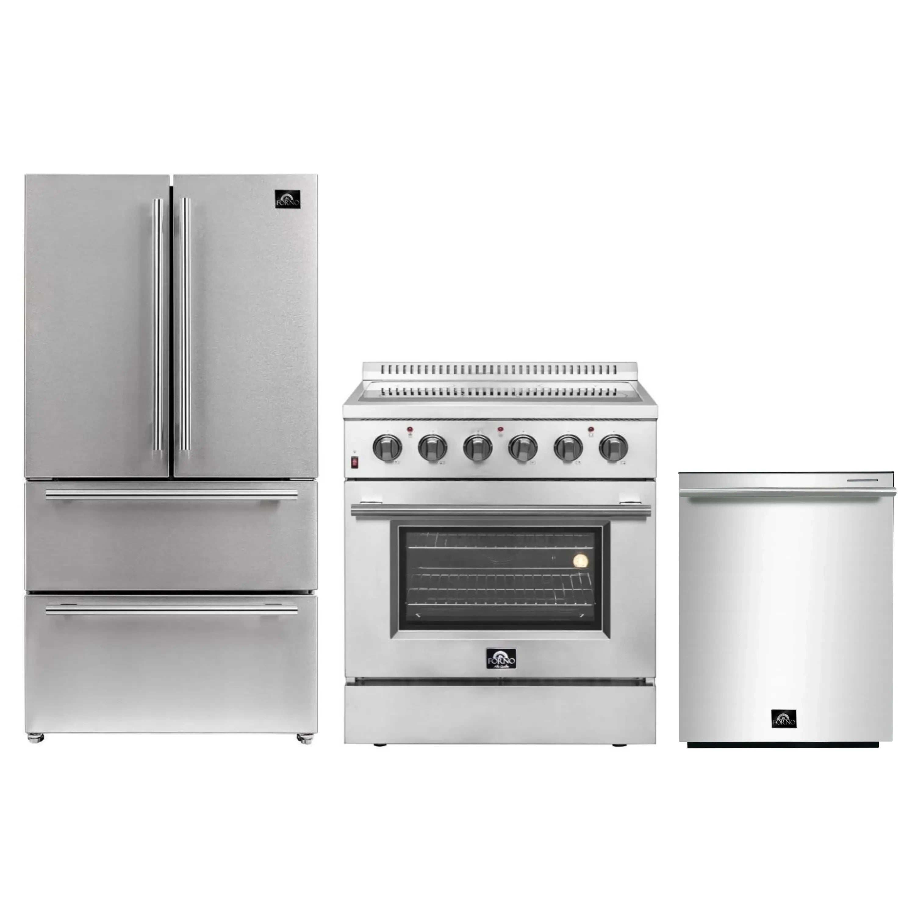 Stainless kitchen appliance set with refrigerator, electric range, and dishwasher