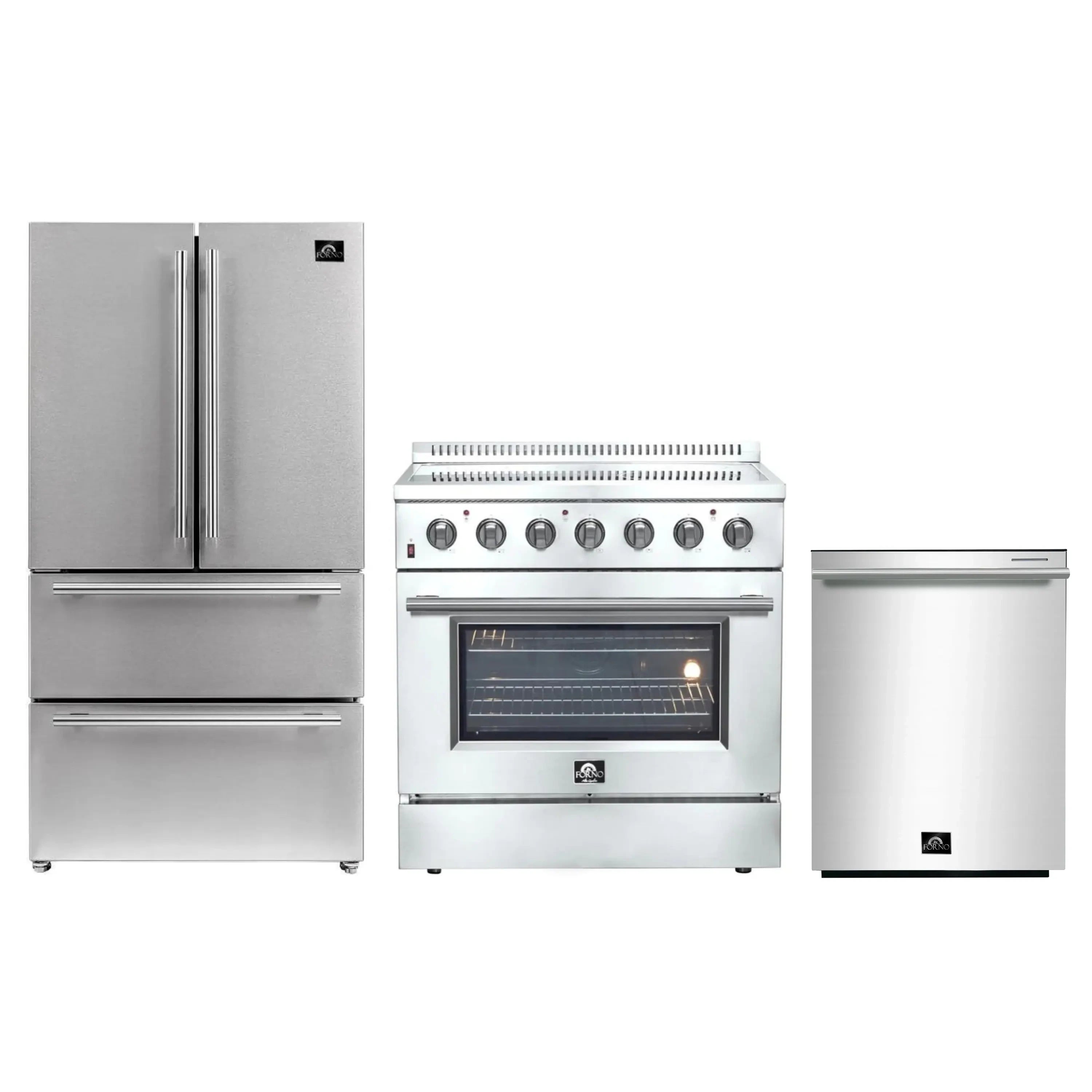 Stainless steel appliance package: French-door refrigerator, electric range, dishwasher